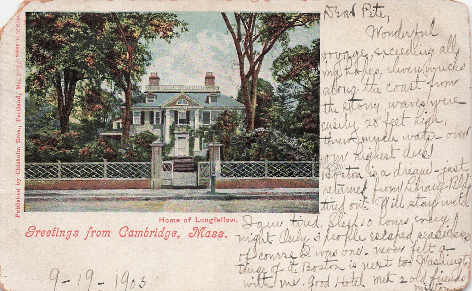 Cambridge MA Longfellow Home Historic House 1903 Stamp Cancel Vtg Postcard 9A