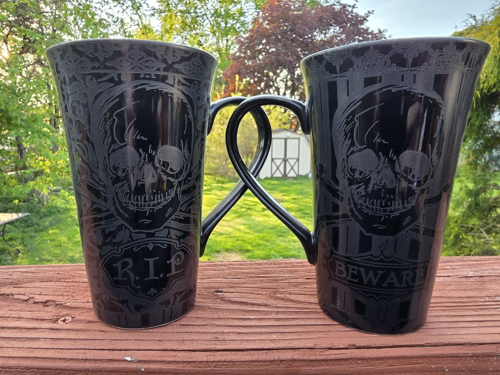 Set Of Two 222 Fifth Halloween Skulls Black China Mugs Black 16 Oz 