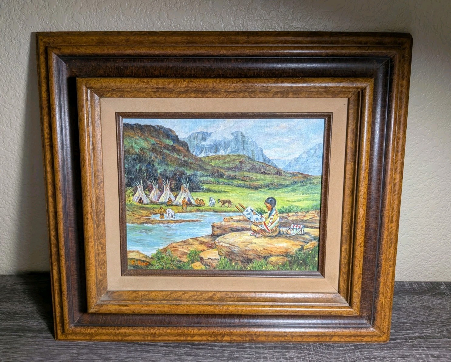 Original Native American Art Oil Painting Signed E. Beer Mother & Child 17