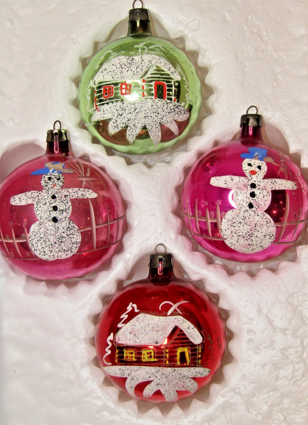 Lot VTG Glass Mica Pictured SNOWMAN Winter HOUSE BALL Christmas Ornaments Poland