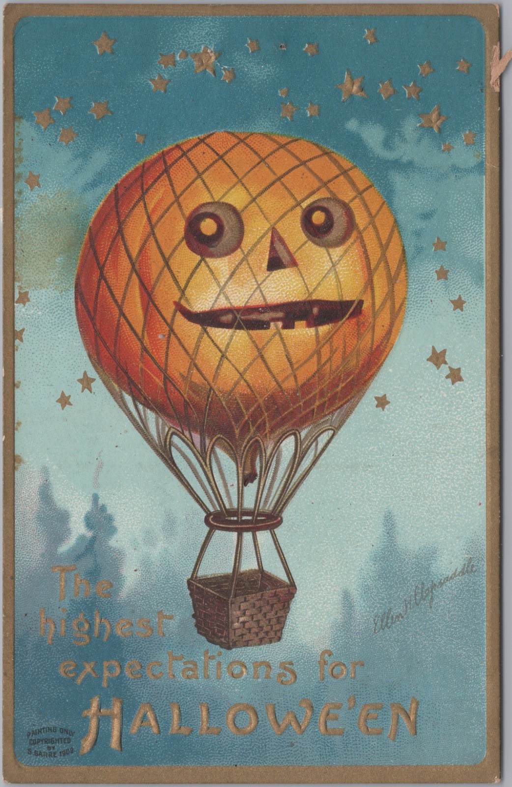 1909 Embossed Halloween Postcard Jack O Lantern Hot Air Balloon Printed Germany