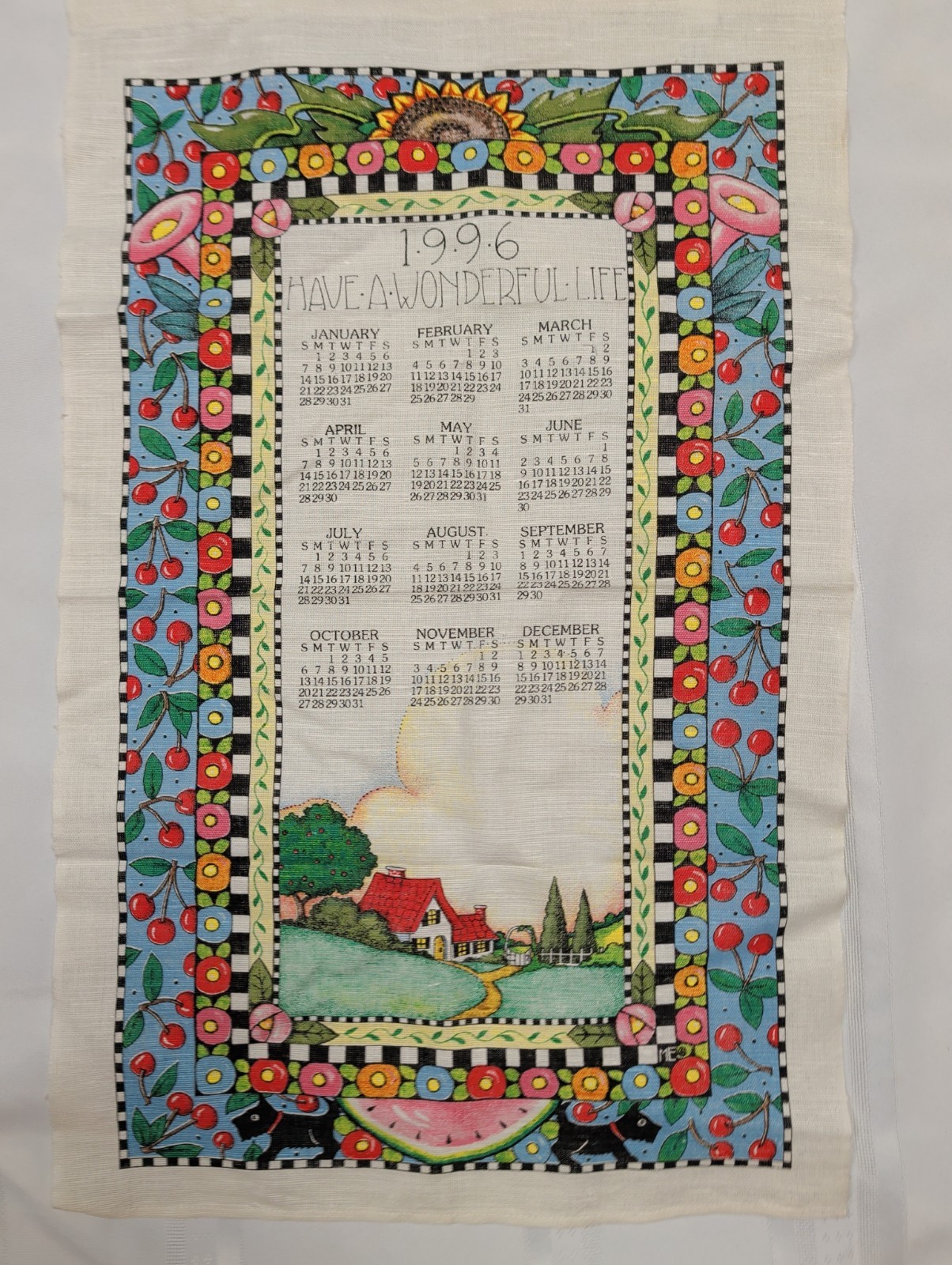 Vintage Linen Calendar Tea Towel 1996 Kay Dee Cherries Watermelon House Bright 