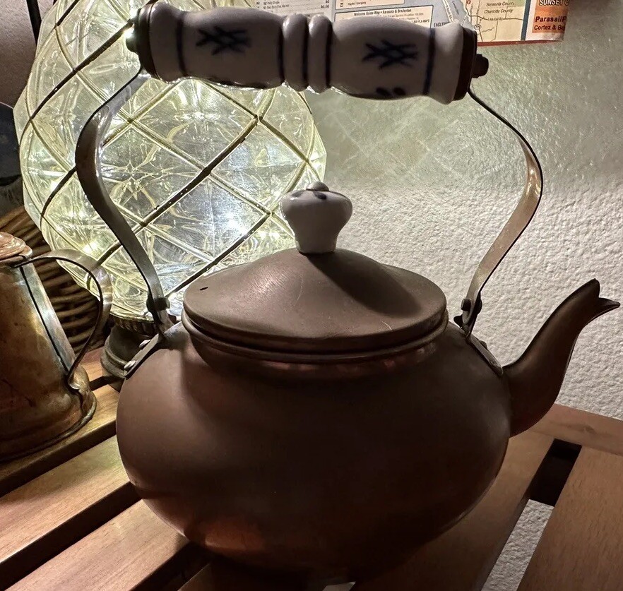 VTG Antique Copper Delft Blue White Porcelain Handle Tea Pot Kettle Cottage Core