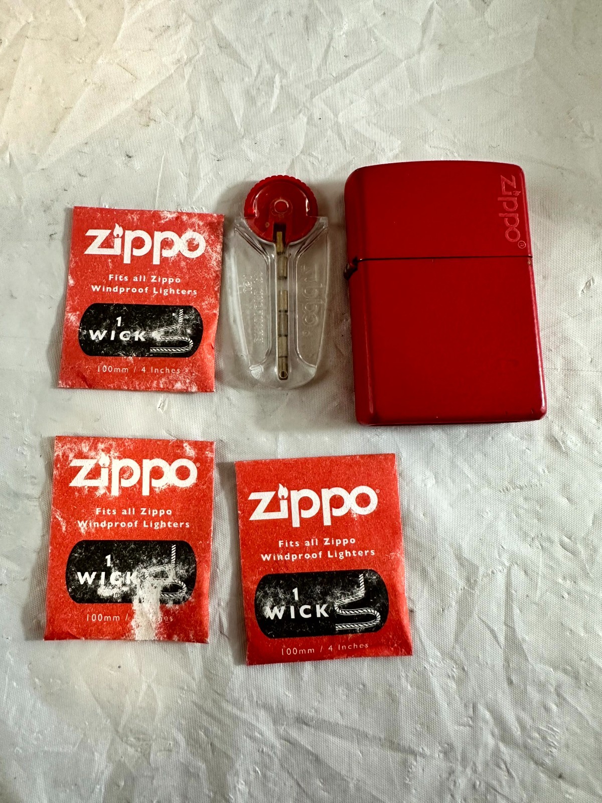 Vintage Zippo Pocket Lighter Red Matte Brass C 17 Windproof with Accessories