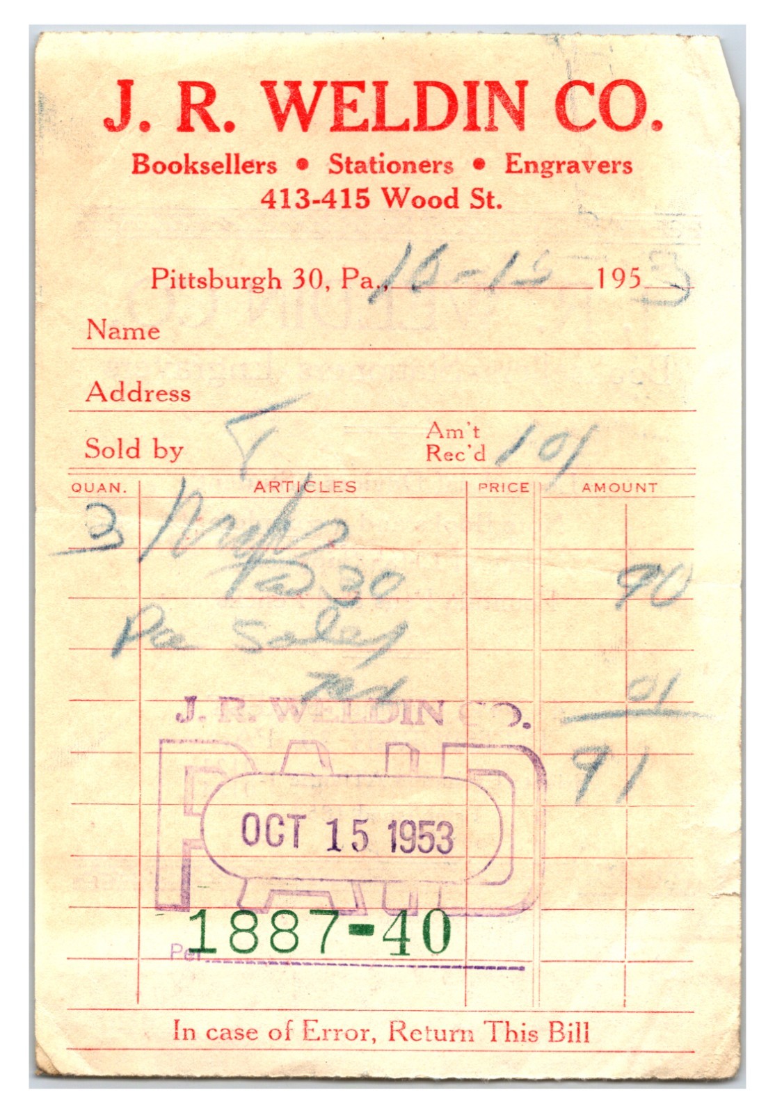 Original 1953 - J.R. Weldin Co. Book Store Receipt - Pittsburgh, Pa Original 1953 - J.R. Weldin Co. Book Store Receipt - Pittsburgh, Pa