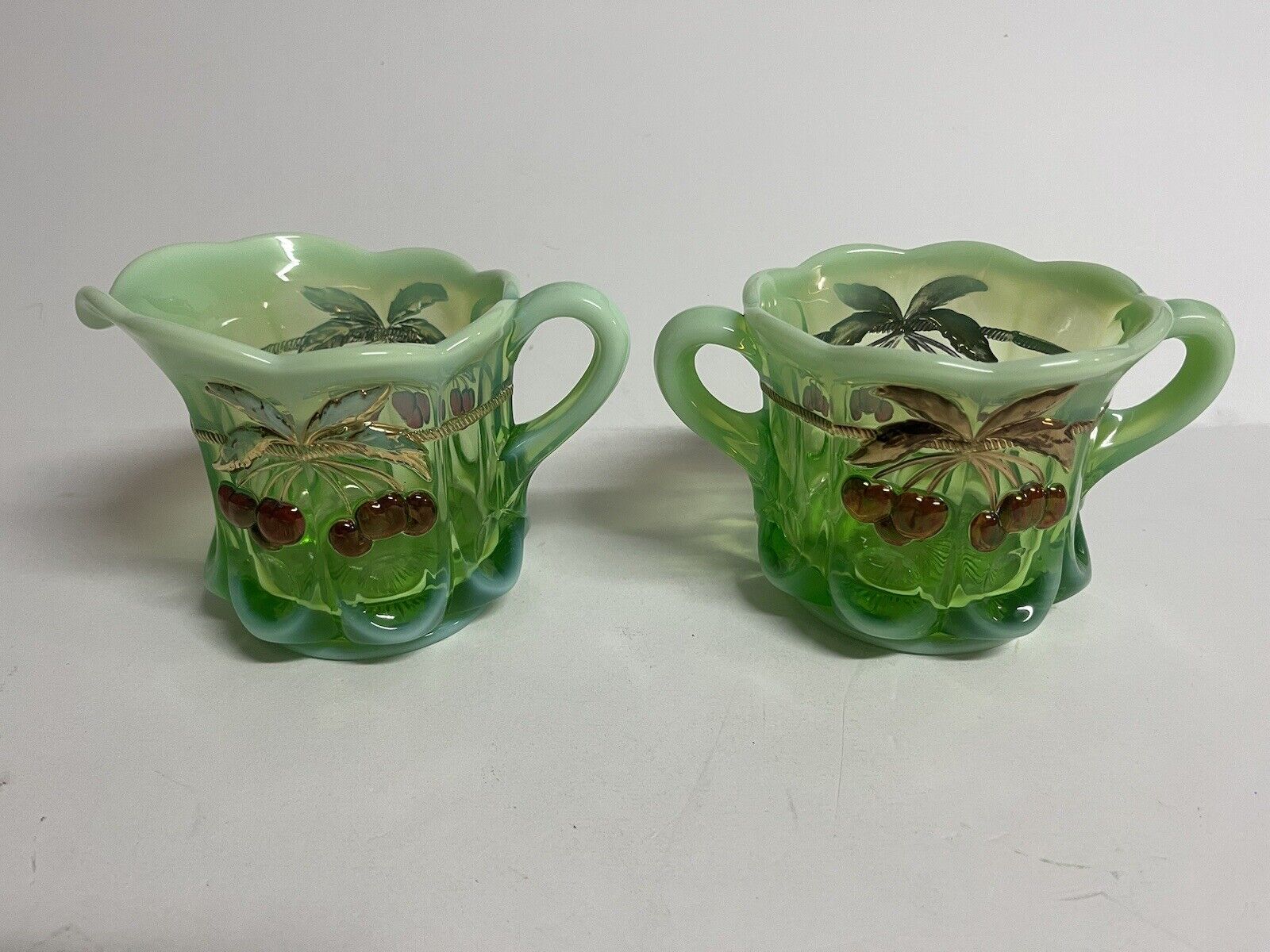 Mosser Green Opalescent Thumbprint Cherry Cable Creamer & Sugar Carnival Glass