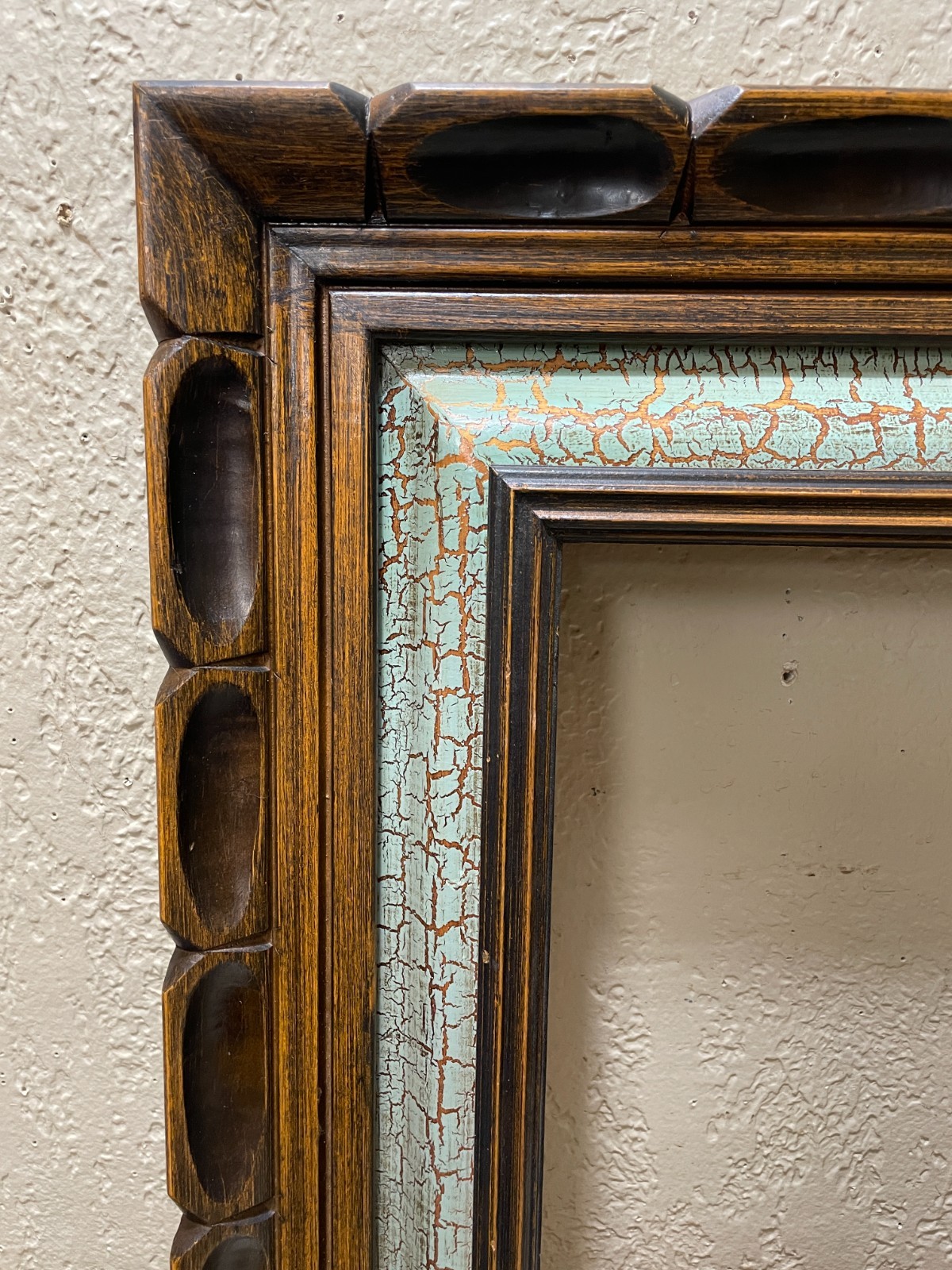 Vintage MCM Rustic Brown Turq Green Ornate Carved Wood Art Picture Frame 16 X 12