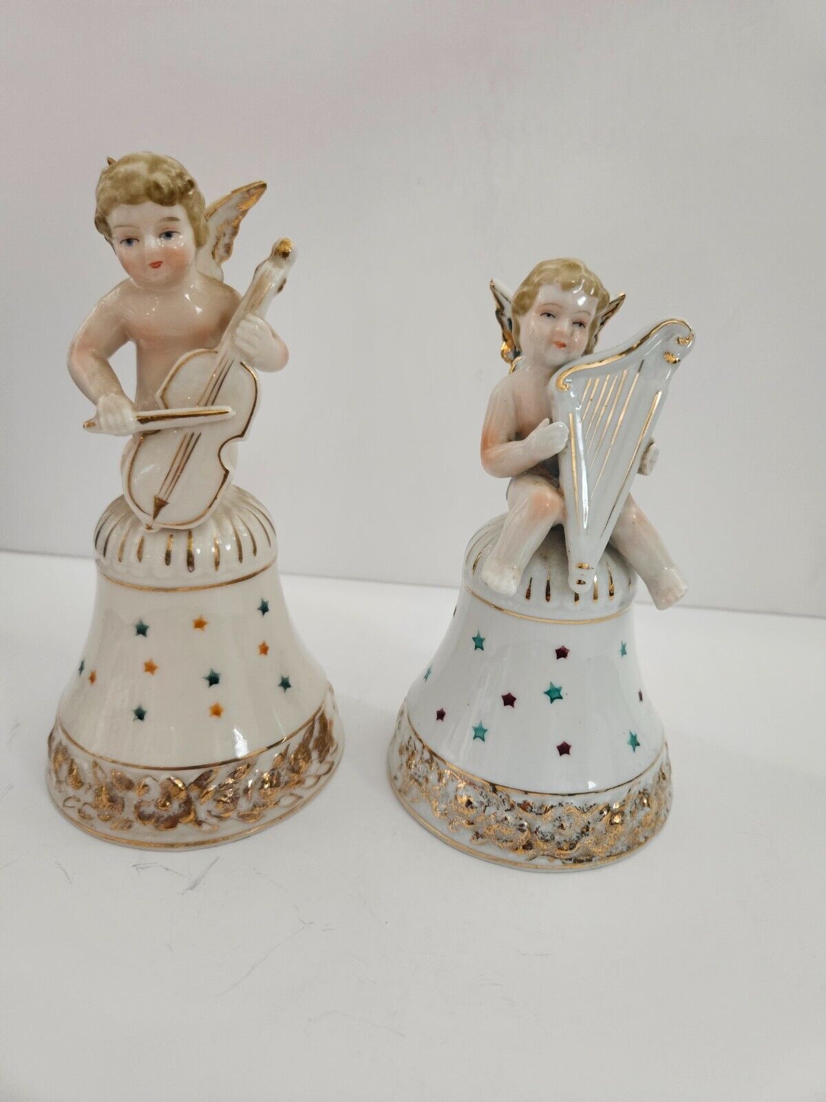 Vintage Set of 2 Angel Bells - ARDALT Hand Painted Numbered Angels with Stars