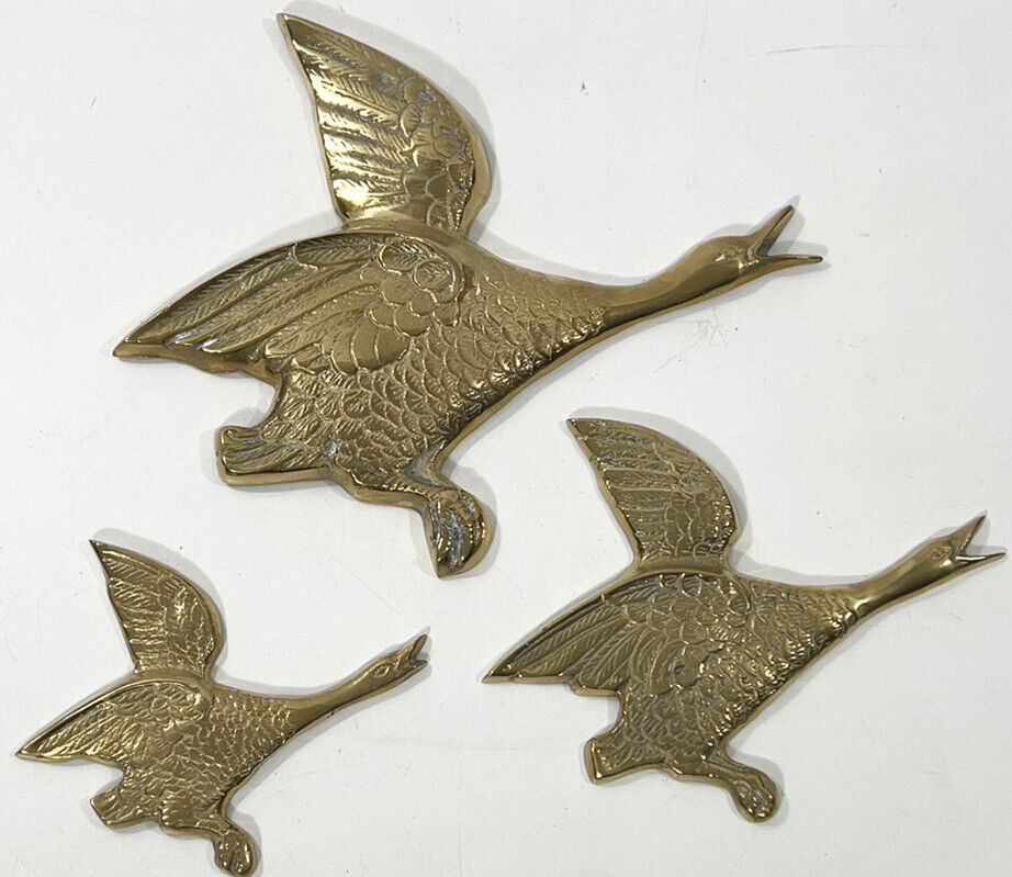 Vintage MCM Flying Ducks Geese Brass Metal Wall Art Hanging 3 Piece Set