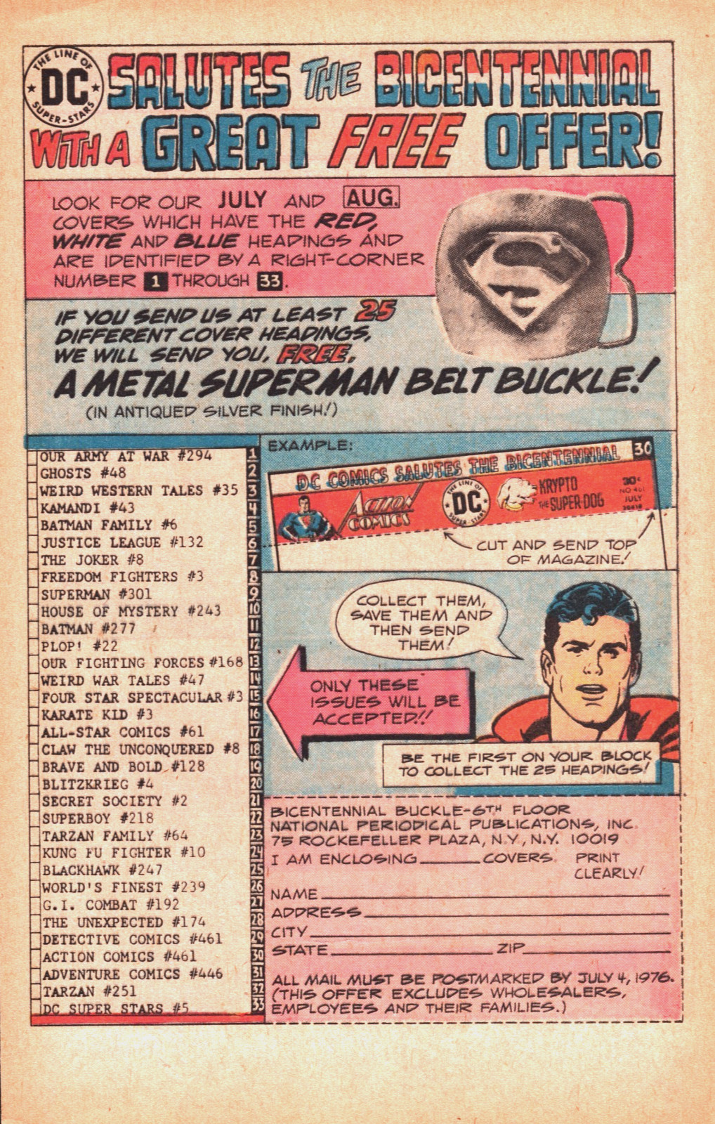 1976 DC SALUTES THE BICENTENNIAL Vintage PRINT AD - SUPERMAN METAL BELT BUCKLE