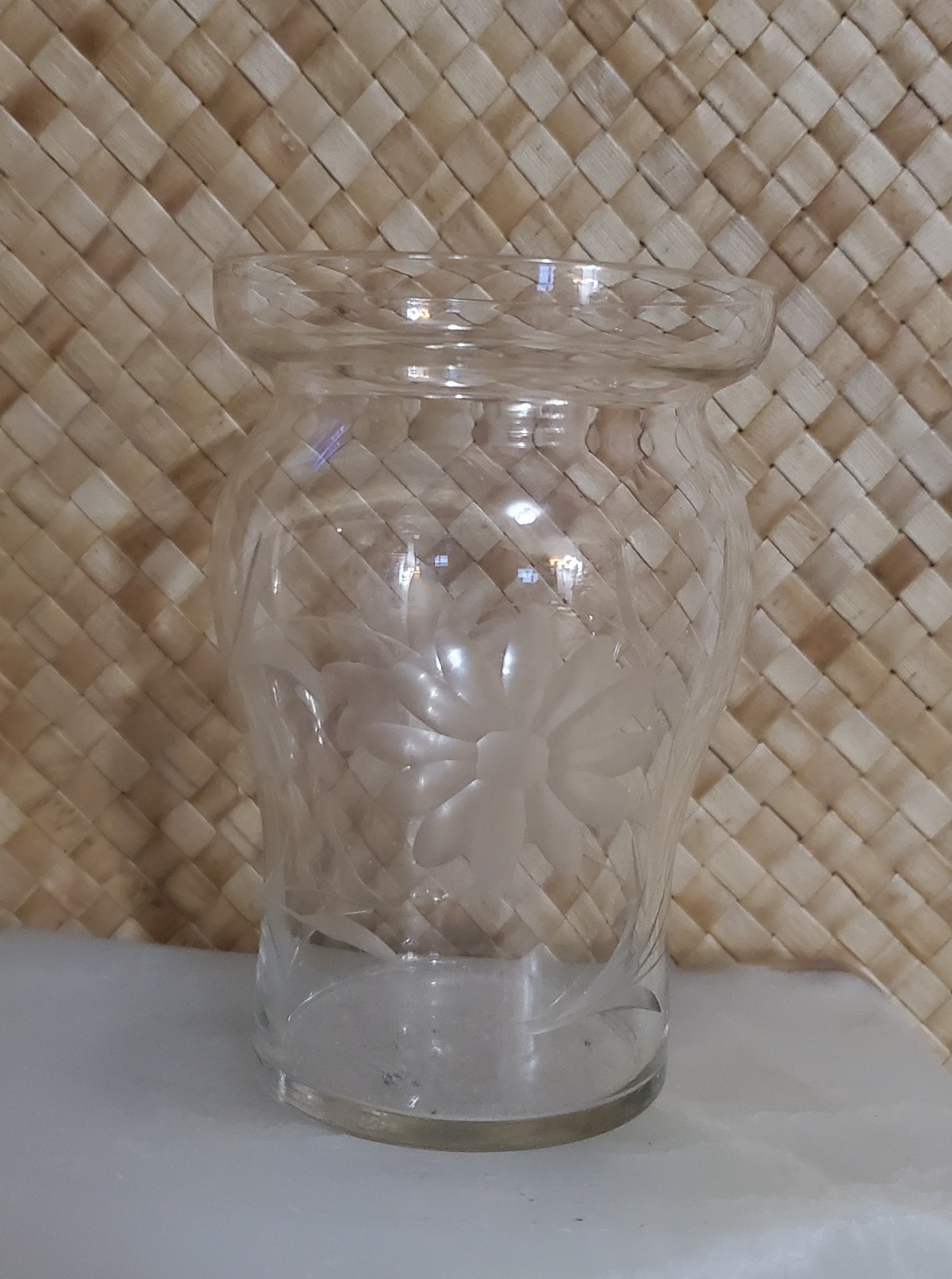 Vintage Clear Glass Vase Etched Flowers VASE 4 1/2\