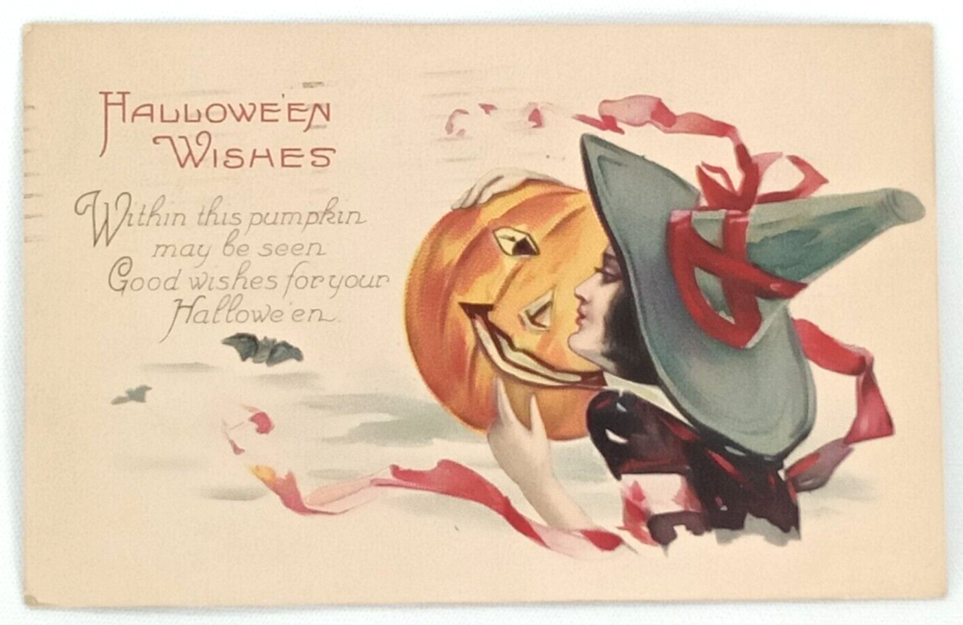 Halloween Post Card Series 1238-A Witch With Red Ribbon & Jack O Lantern