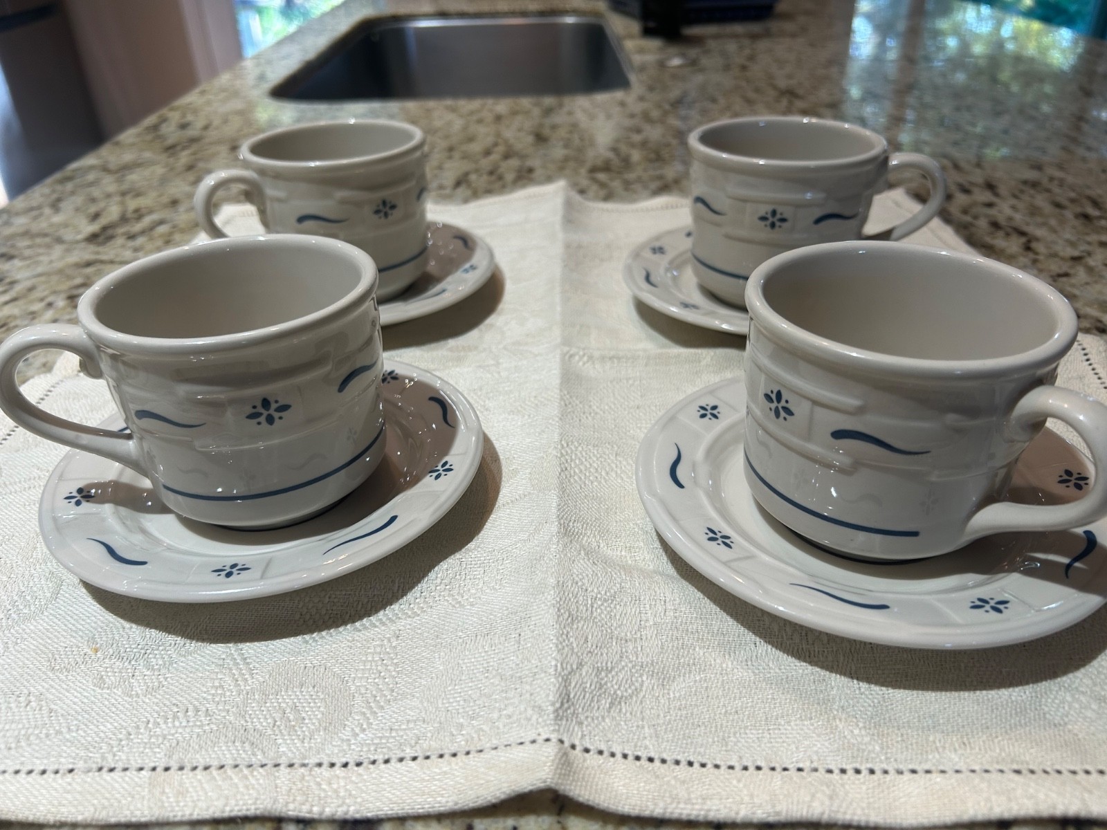 Longaberger Pottery Woven Traditions Classic Blue Coffee Cups & Saucers Set of 4