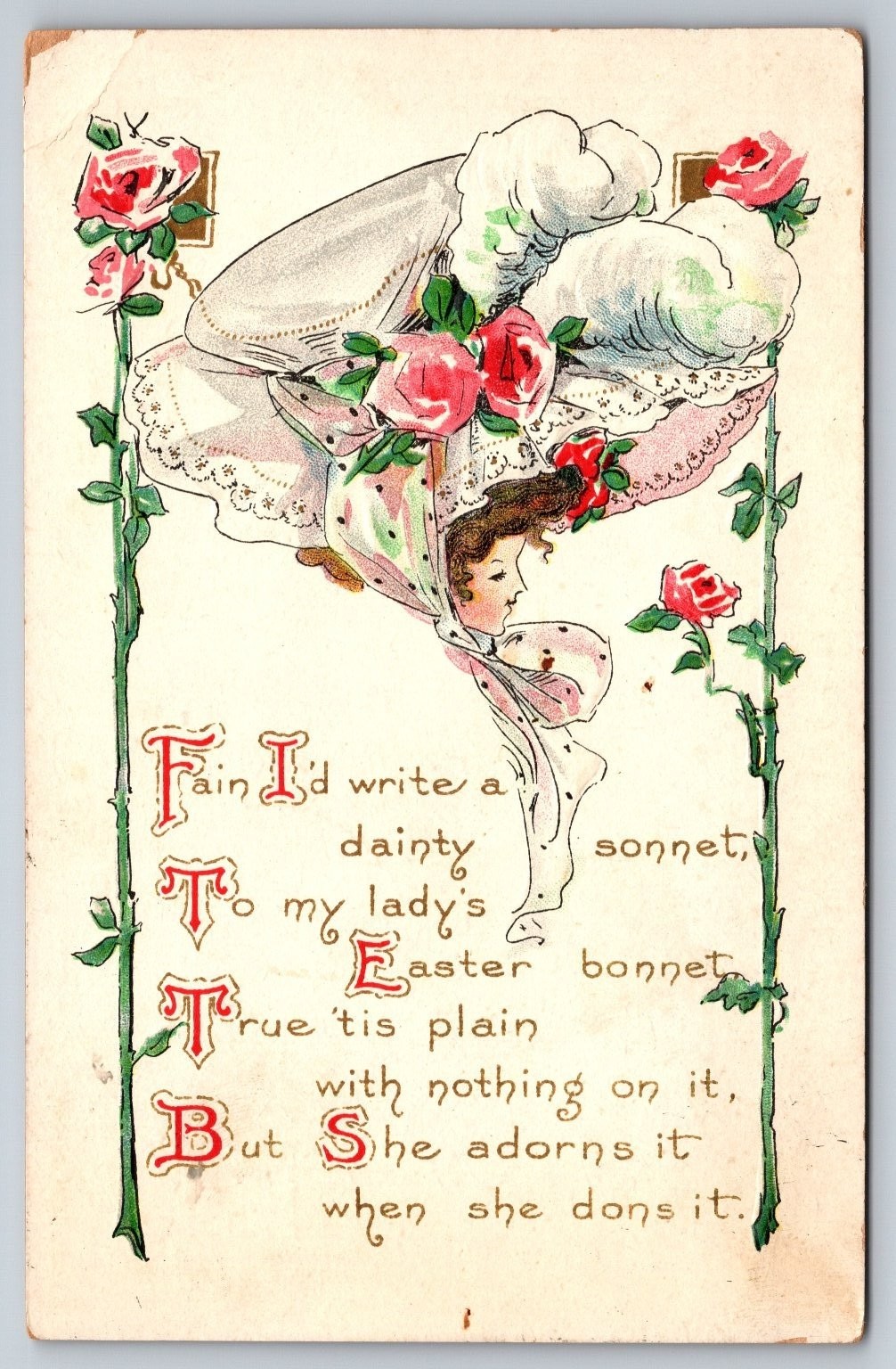 Vintage Early 1900s Embossed Lady in Bonnet Roses Poem Postcard 1911 Posted Vintage Early 1900s Embossed Lady in Bonnet Roses Poem Postcard 1911 Posted