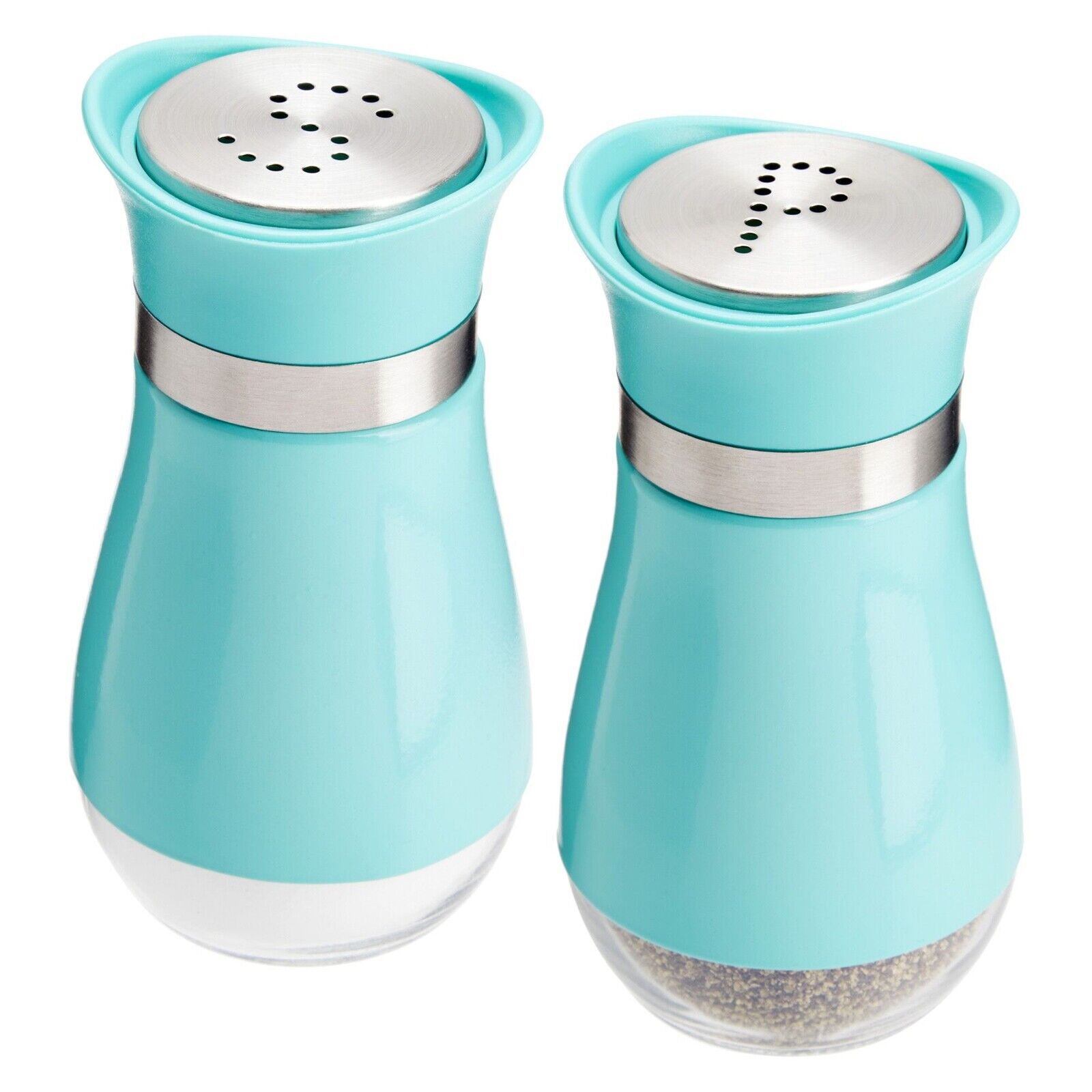 2 Pieces Set Teal Stainless Steel Salt and Pepper Shakers with Glass Bottom