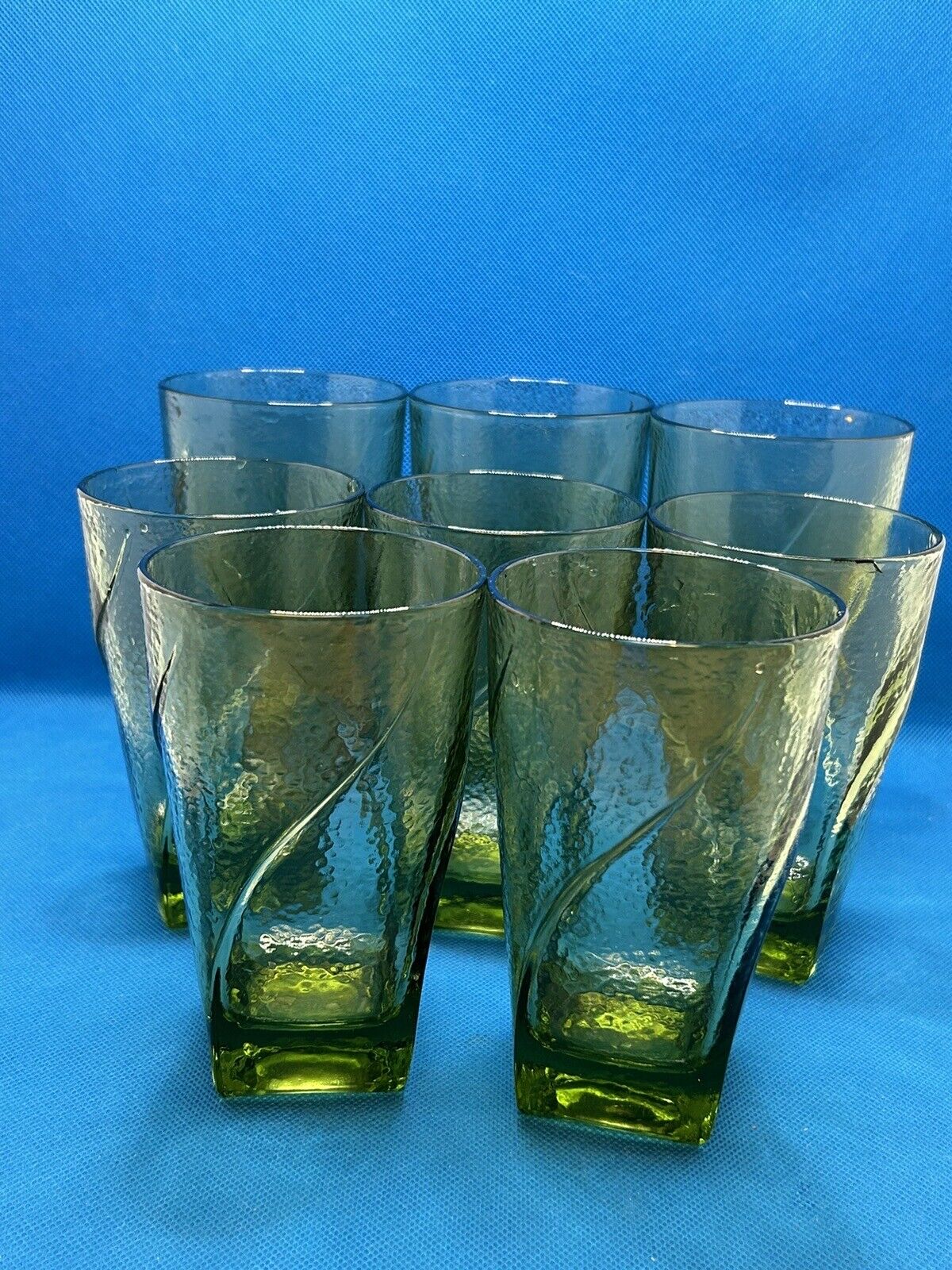 Hazel Atlas Pebblestone Avocado Green Textured Green Glasses Set Of 7 Tumblers