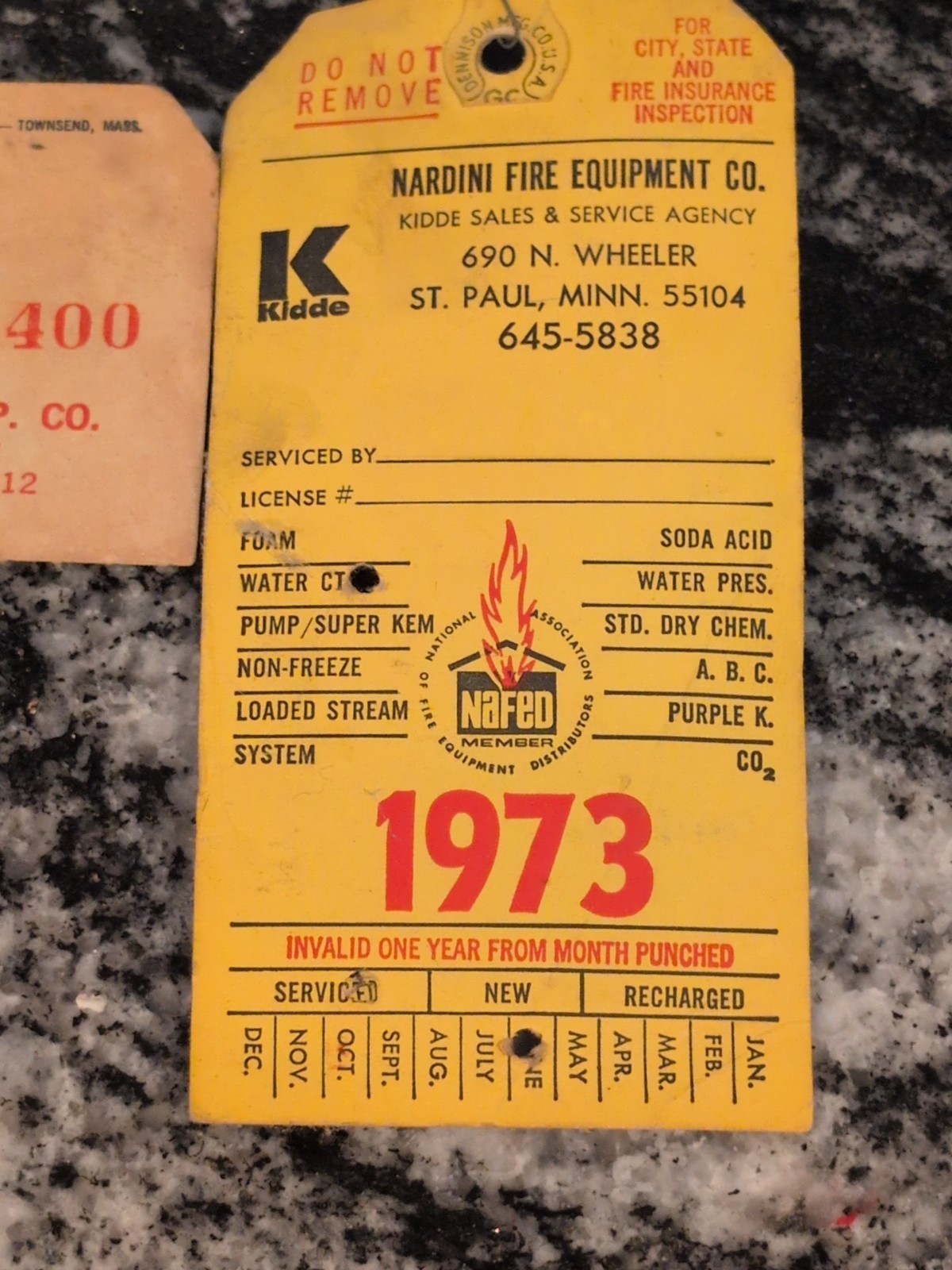 Vintage Nardini Fire Equipment Extinguisher Charge Tag St. Paul Minneapolis 1973