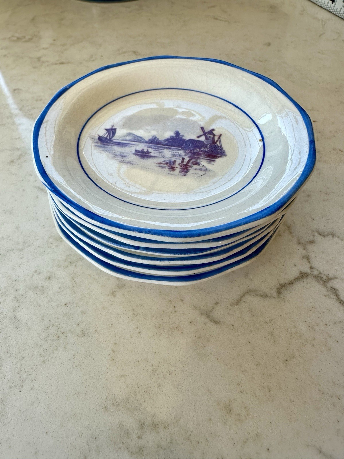 Atq Vtg Butter Pat Windmill & Sail Boat Delft W S George Derwood 3.25” Set Of 6