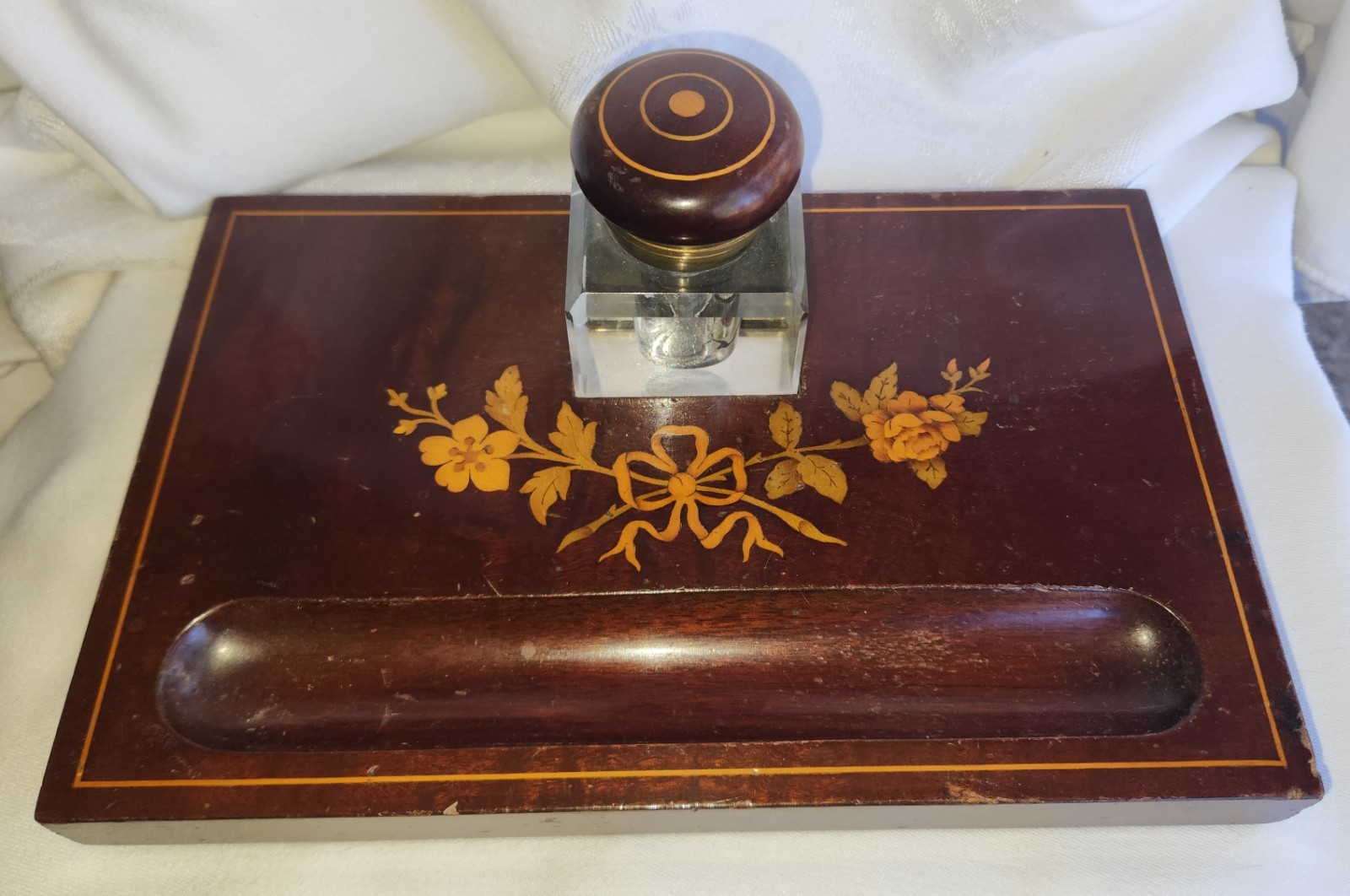 Vtg 19th Century Antique Ornate Wood & Glass Inkwell & Pen Holder