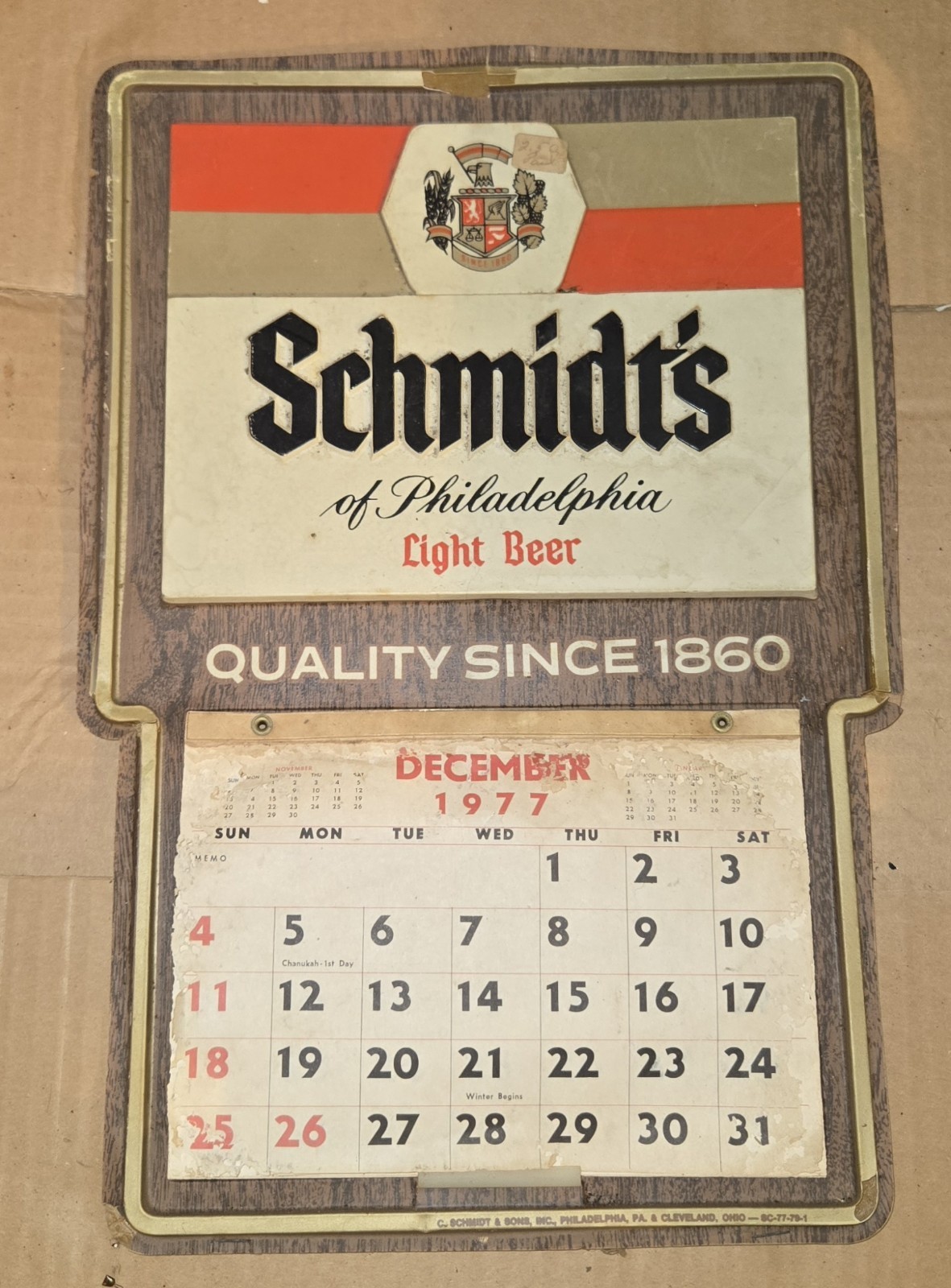 VINTAGE SCHMIDT’S BEER CALENDAR 1977-1978 BAR ADVERTISING PUB SIGN WORN DISPLAY