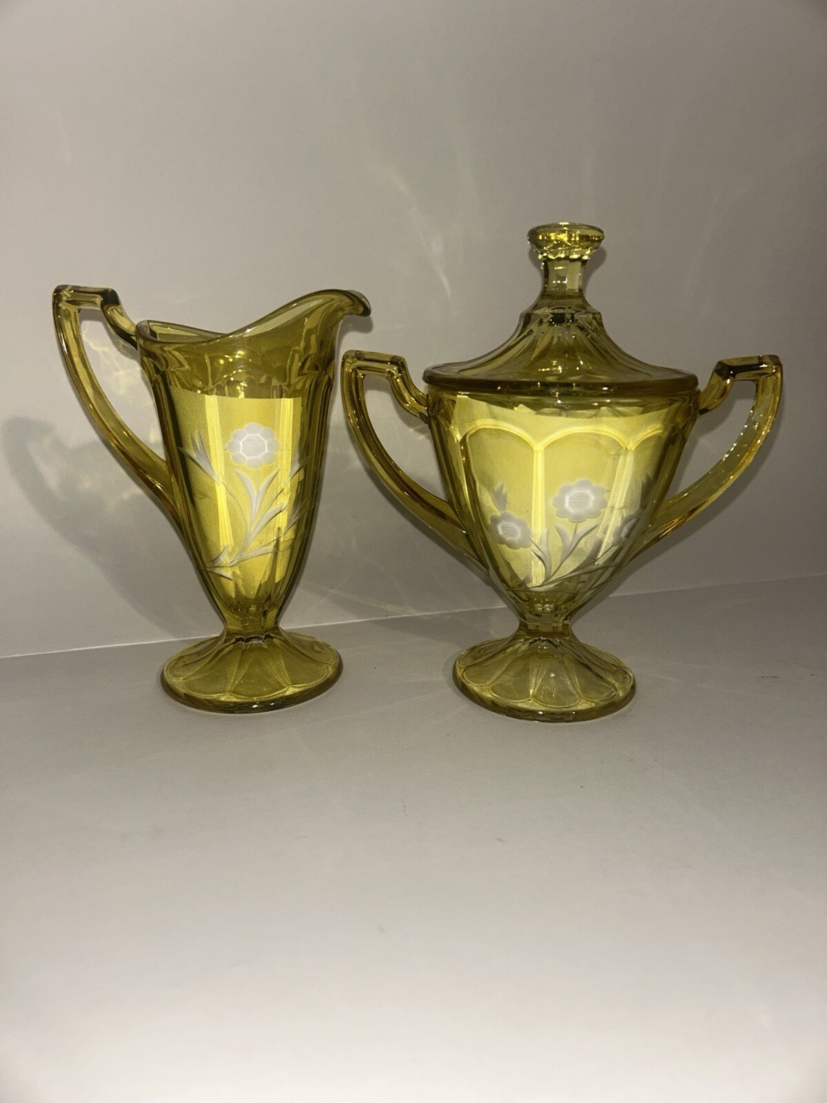 (RARE) Westmoreland Etched Glass Yellow Colonial Cream & Sugar Set c.1925