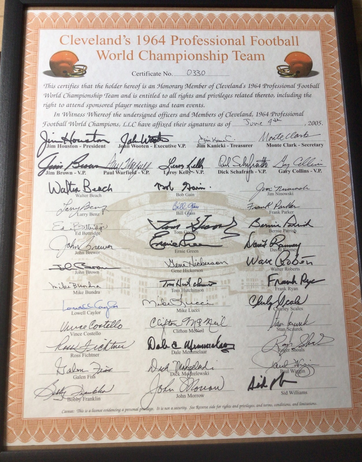 1964 Cleveland Browns World Champions Certificate team Signed, Jim Brown +41