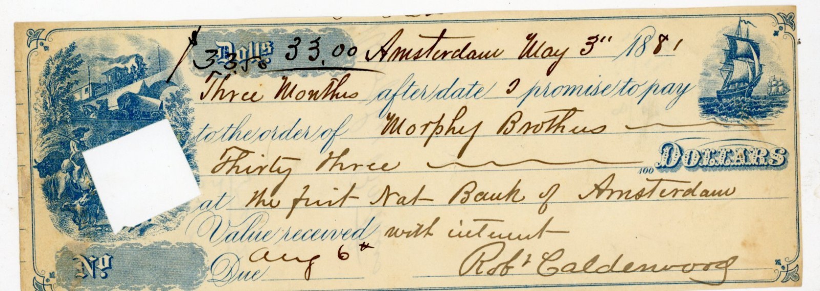 1881 Antique Promissory Note Amsterdam NY First National Bank Morphy Brothers $3