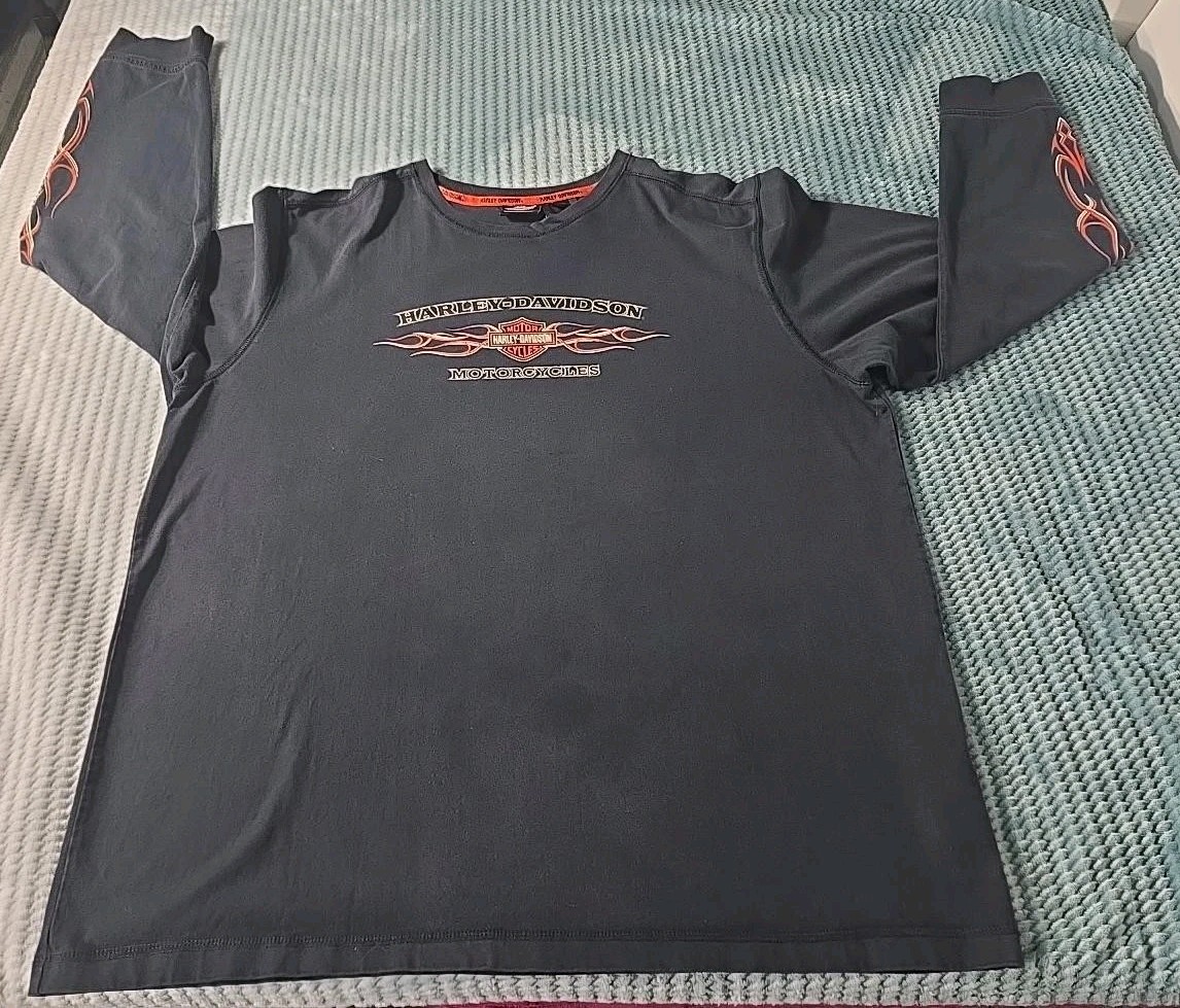 Harley Davidson 2XL Long Sleeve Flame Graphic Shirt Black Biker Y2K #0459