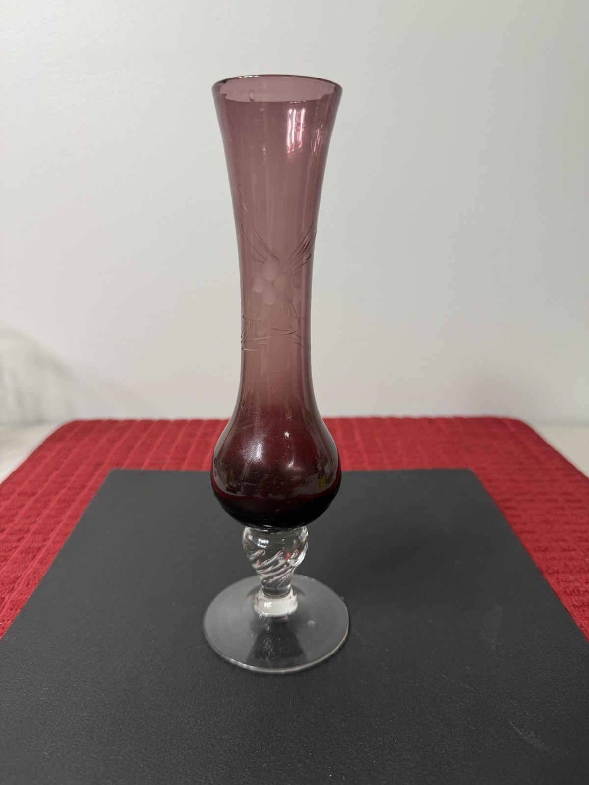 Vintage amethyst Glass Footed Bud Vase 8.25” Tall etched floral designs +