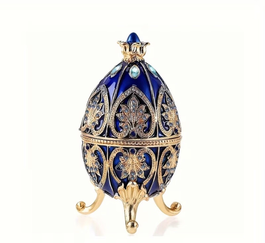 Elegant Dark Blue Enamel Egg Trinket Box