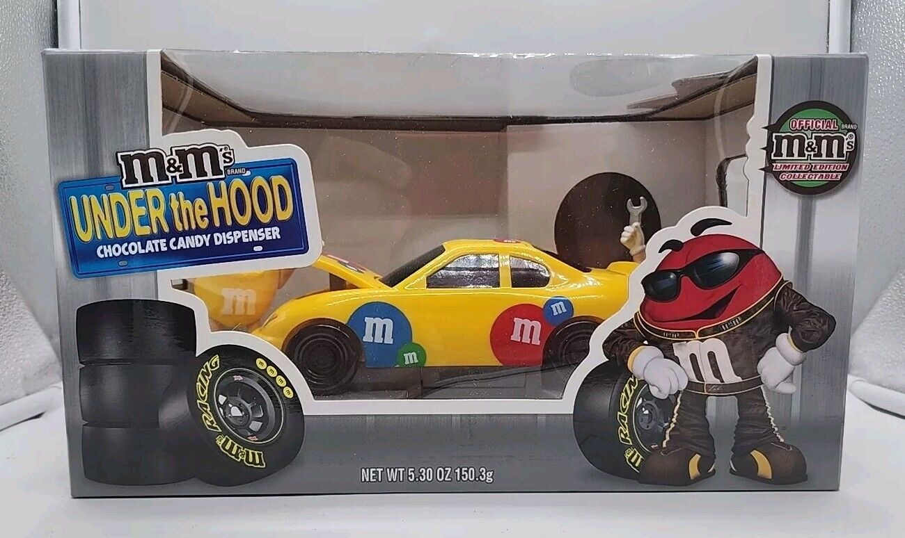 M&M\'s Under The Hood Race Car Candy Dispenser Yellow Limited Edition 