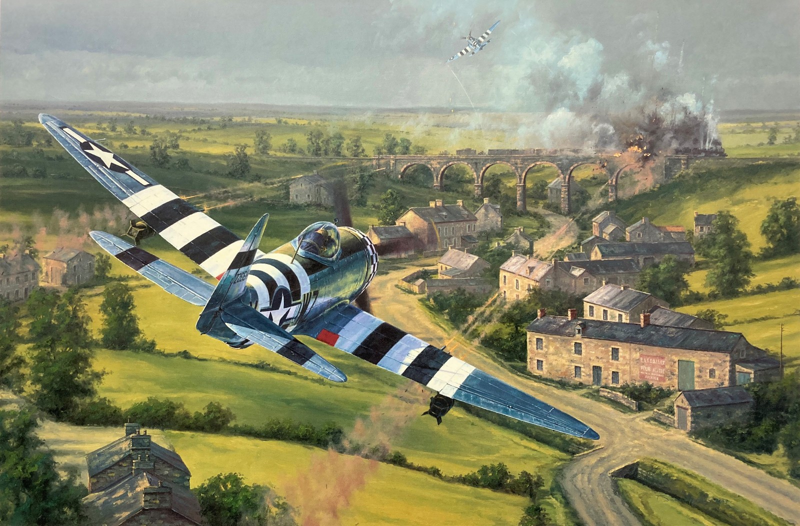 Bridge Busters by Anthony Saunders aviation art signed by D-Day P-47 Pilots
