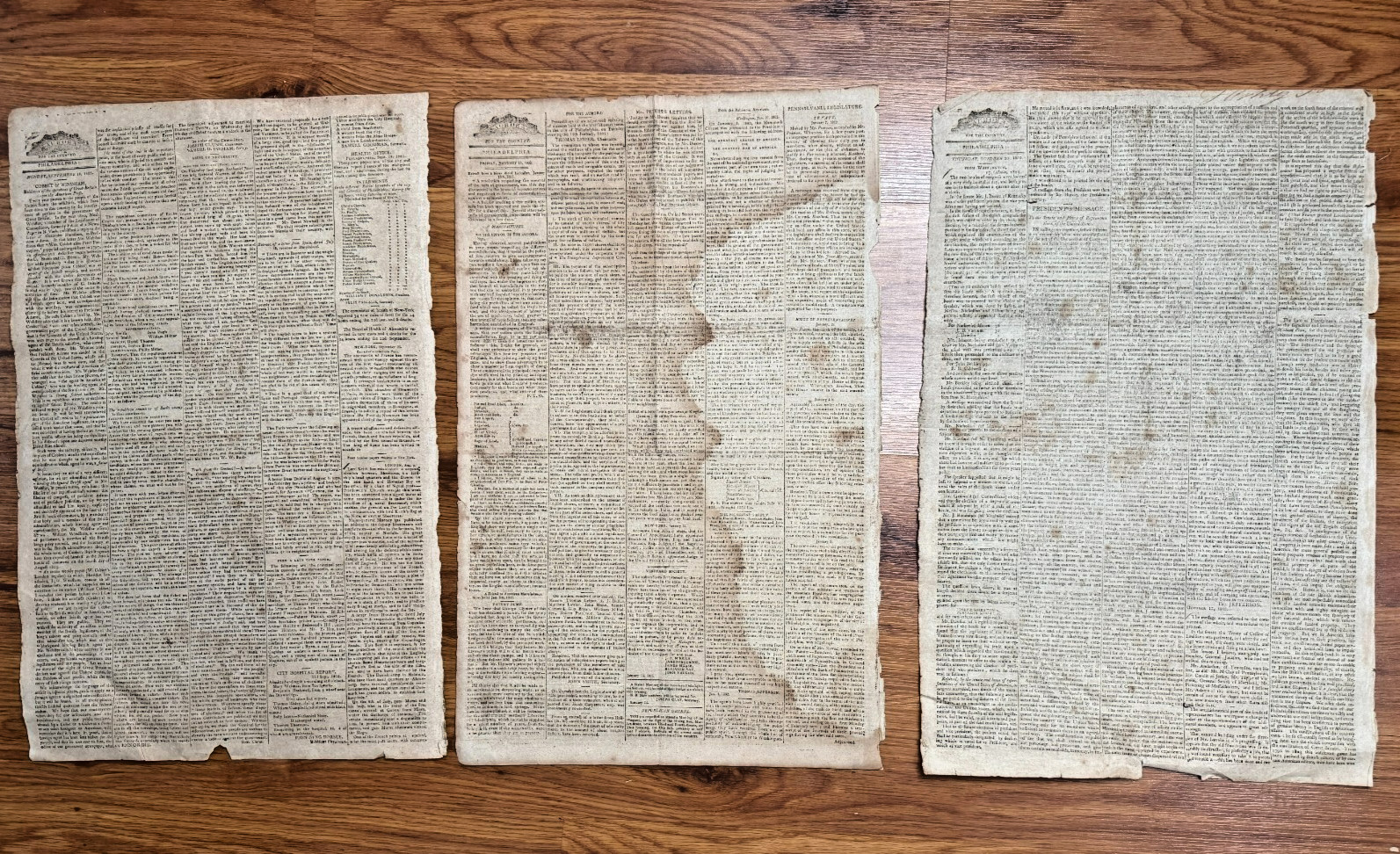 Lot of 3 original early 1800s issues of The Aurora Philadelphia newspaper.