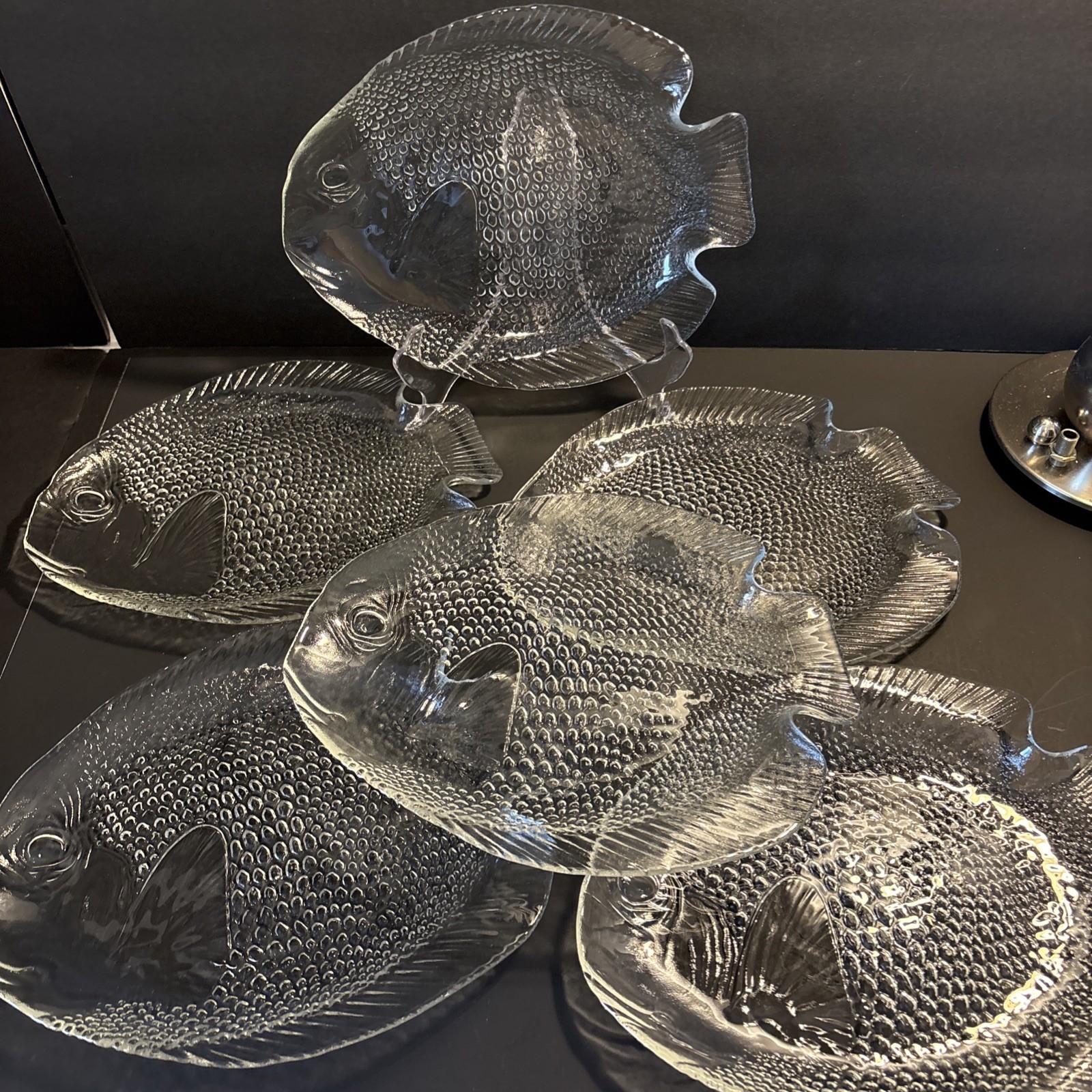 VTG ARCOROC FRANCE CLEAR GLASS FISH SHAPED PLATE 10.25” Set of 6 VGUC