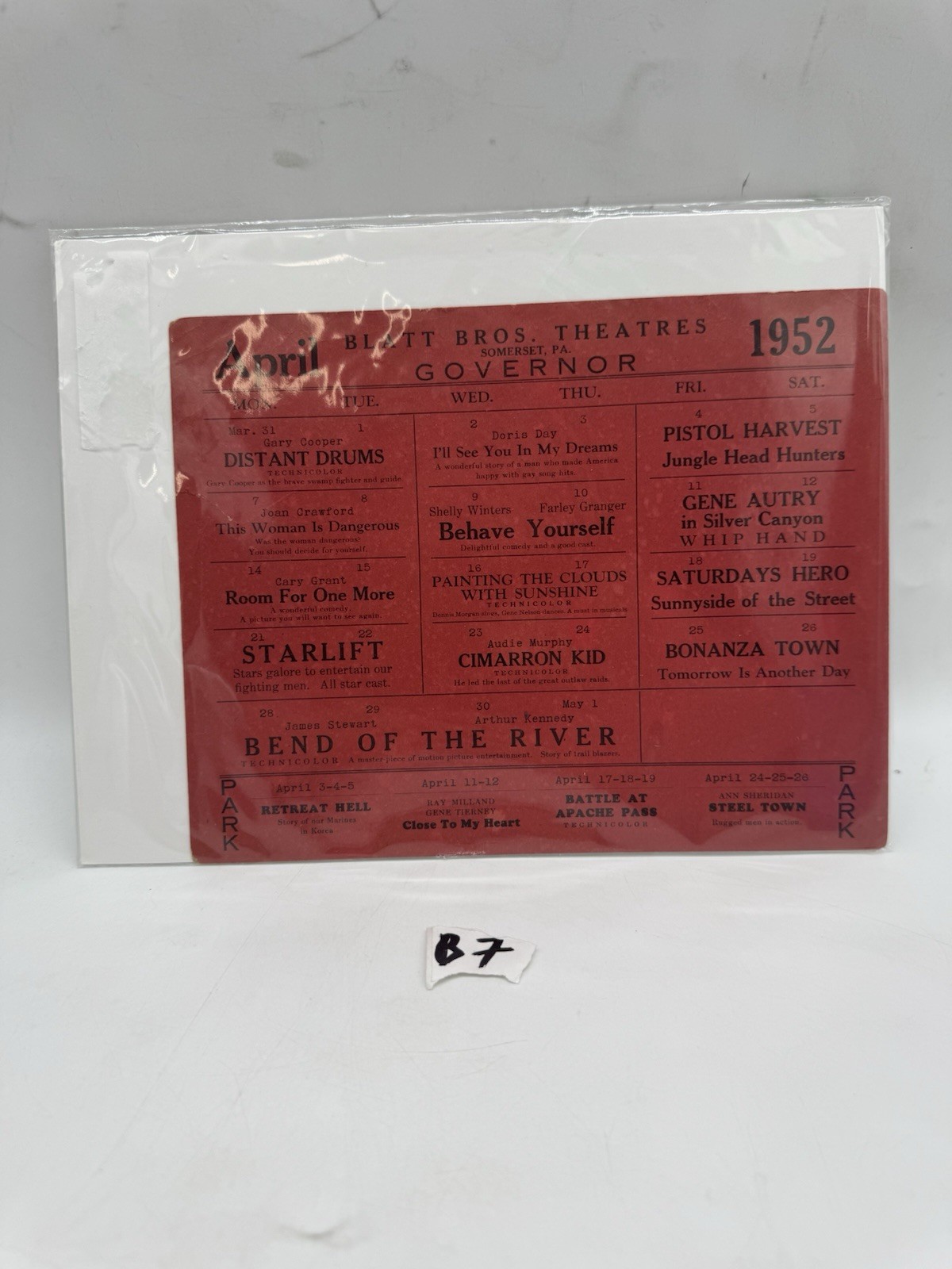 Blatt Bros. Theatres Governor Somerset PA April 1952 Movie Calendar