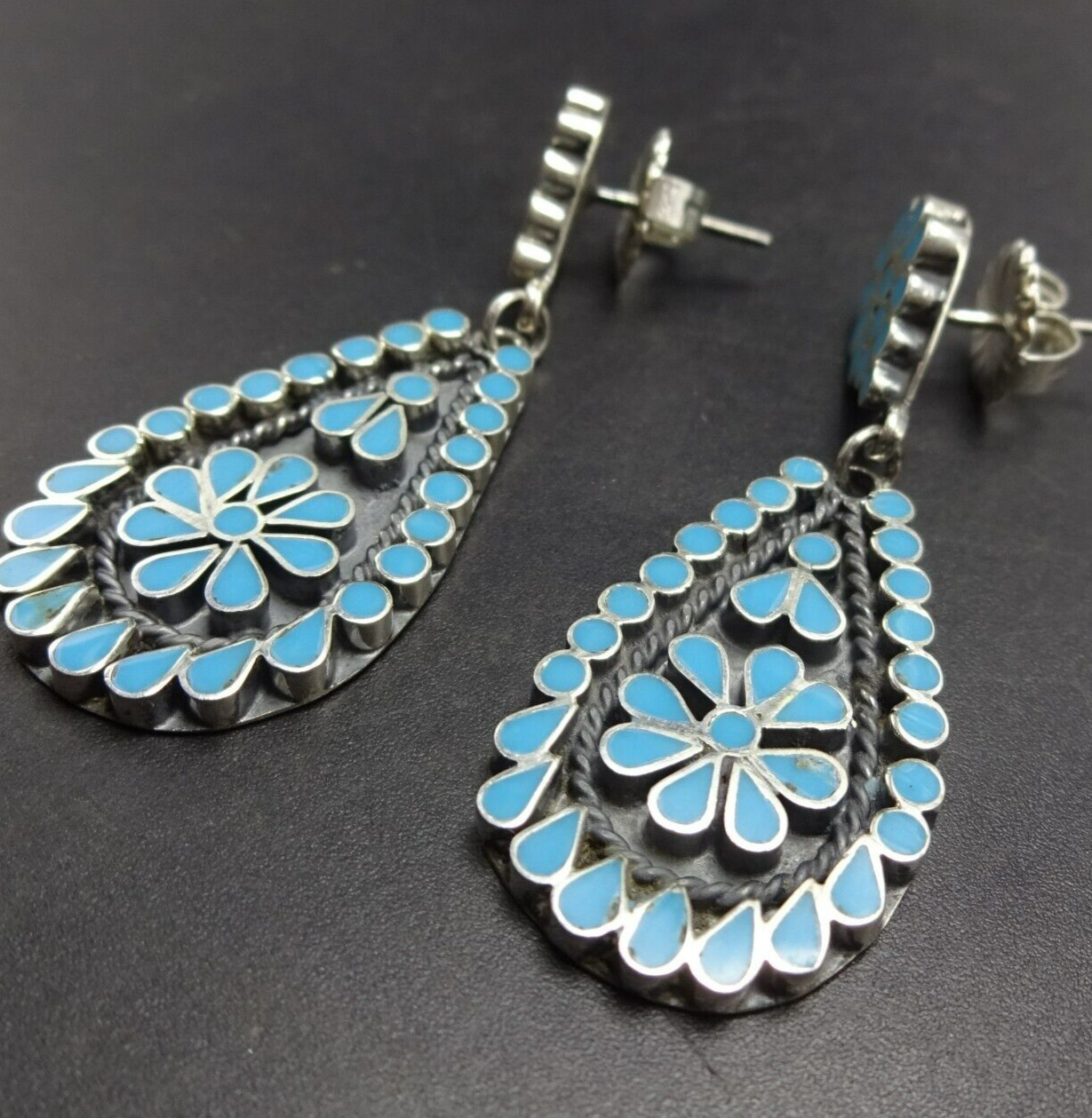 FEDERICO JIMENEZ SterlingSilver TURQUOISE Flat Flush Inlay EARRINGS Dishta Style