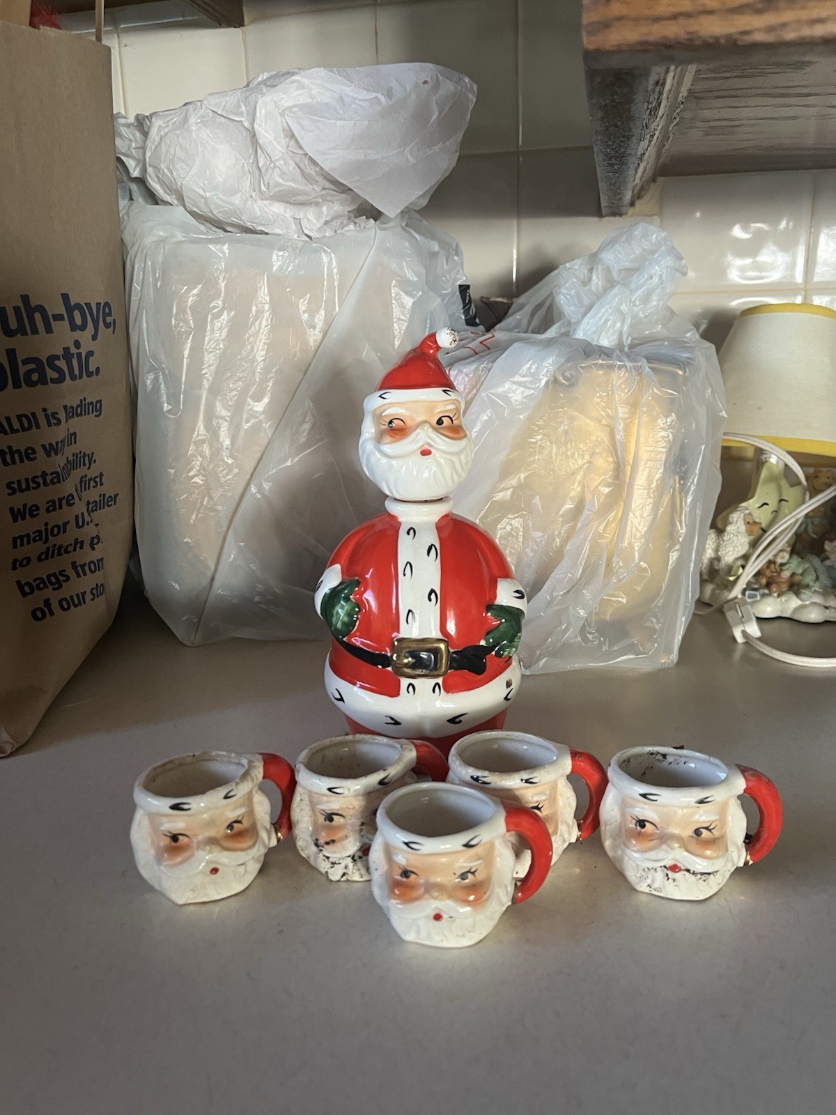 Vintage Lefton Ceramic Santa Decanter and Shot Glass Set