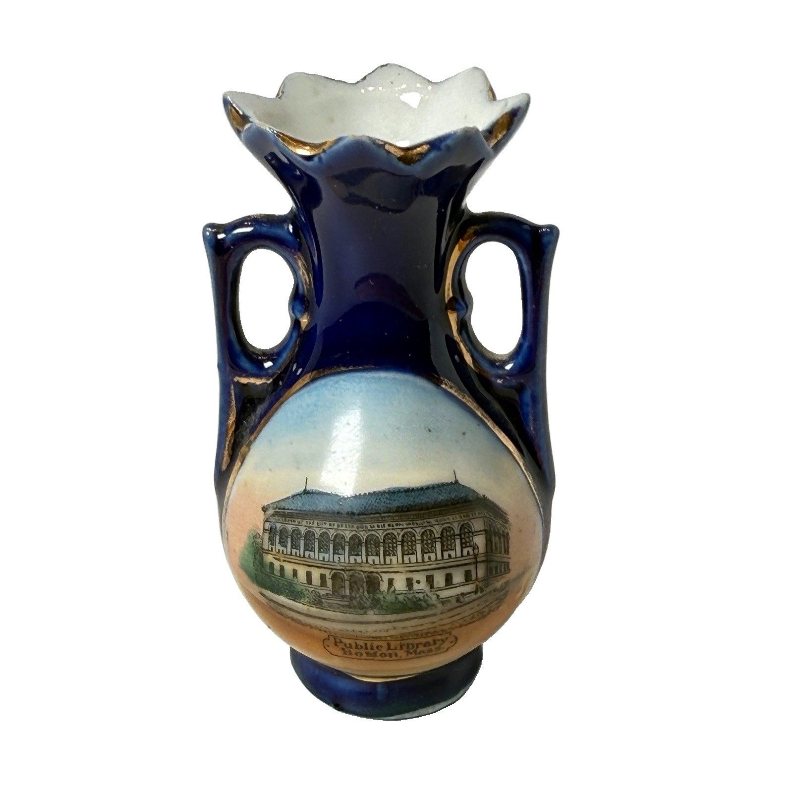 BOSTON MA Massachusetts Souvenir PUBLIC LIBRARY Porcelain COBALT TRINKET VASE BOSTON MA Massachusetts Souvenir PUBLIC LIBRARY Porcelain COBALT TRINKET VASE