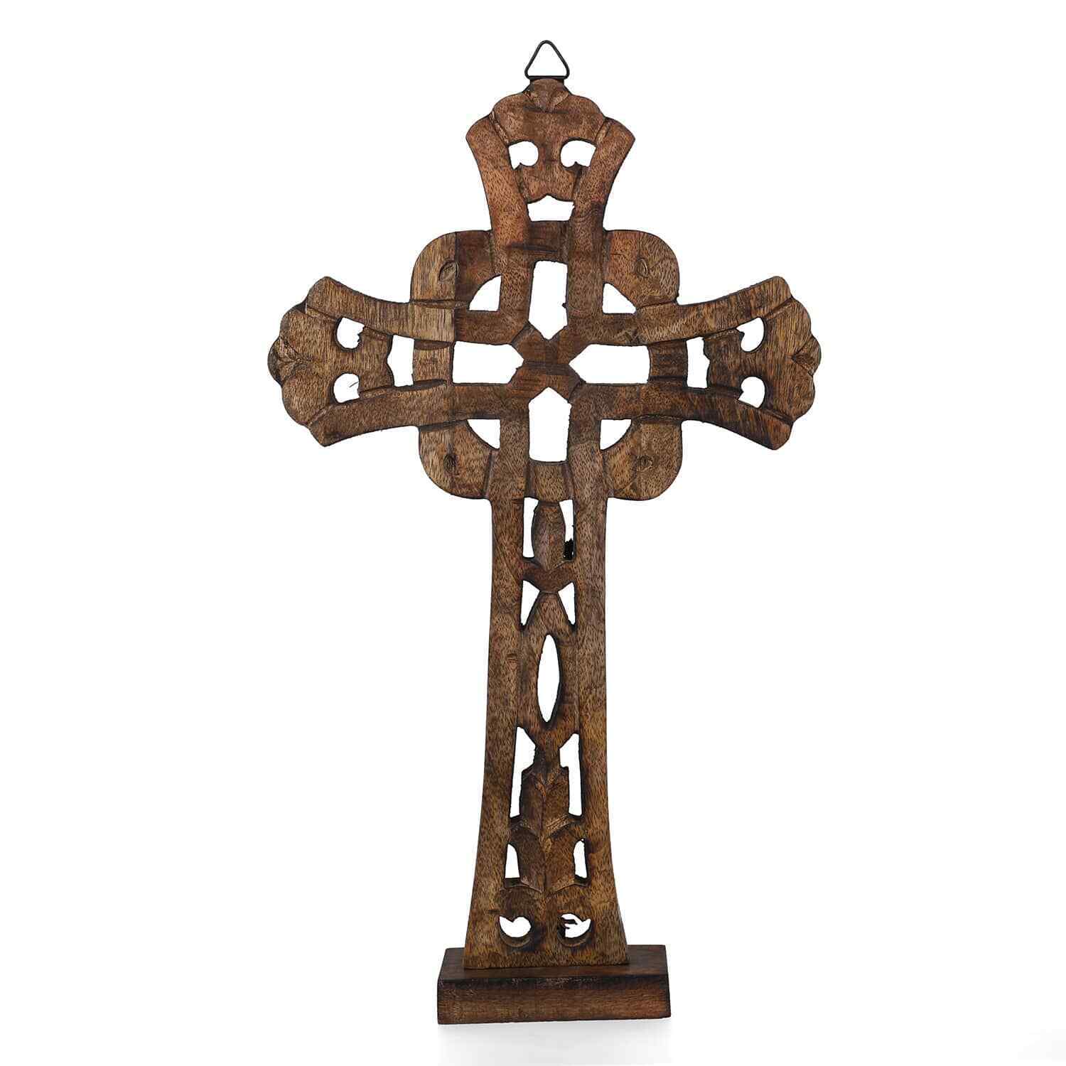 NAKKASHI Natural Brown Intricate Pattern Wooden Handcrafted Decoration Cross