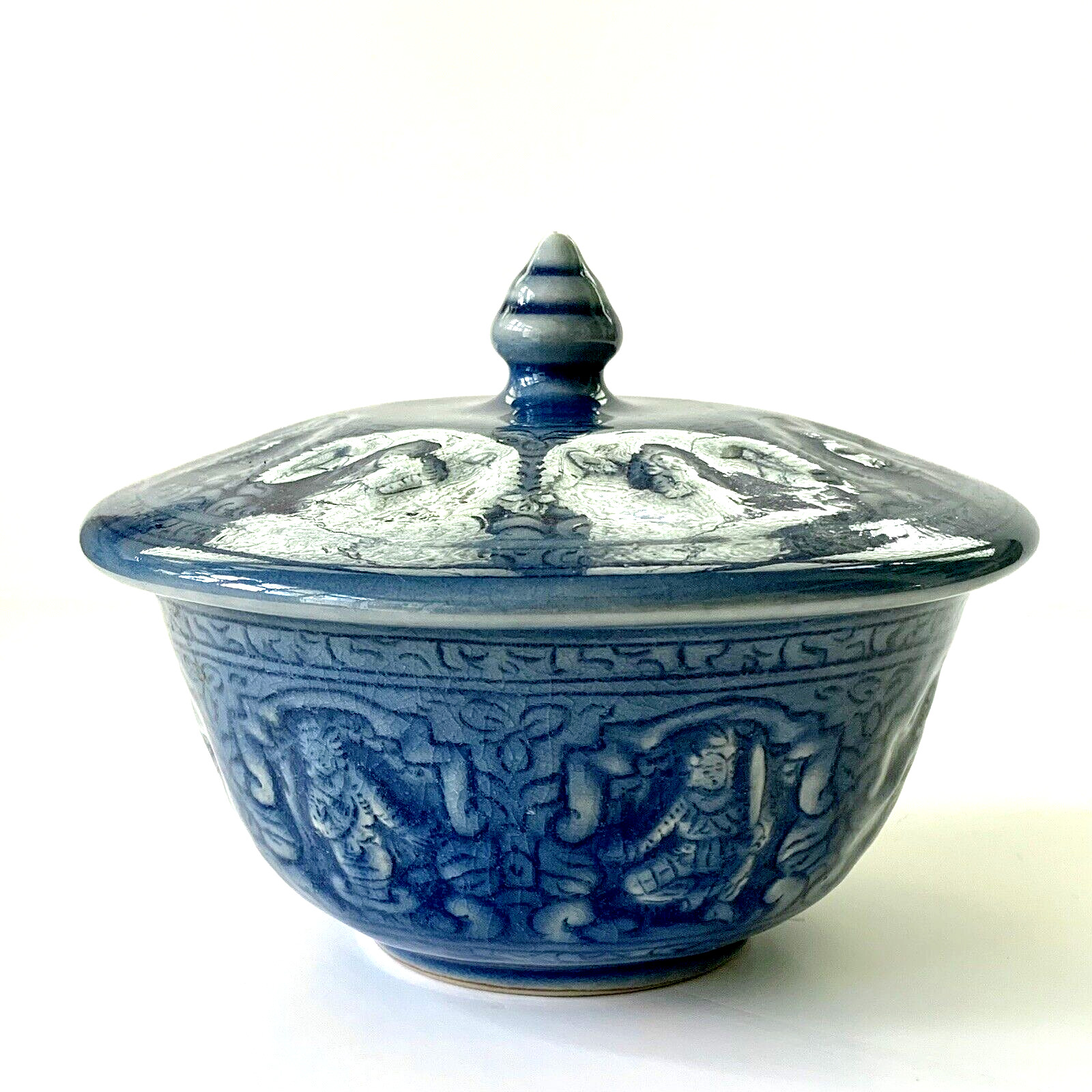 Thai Celadon Blue Lidded Bowl Raised Embossed Figures Deities Vintage