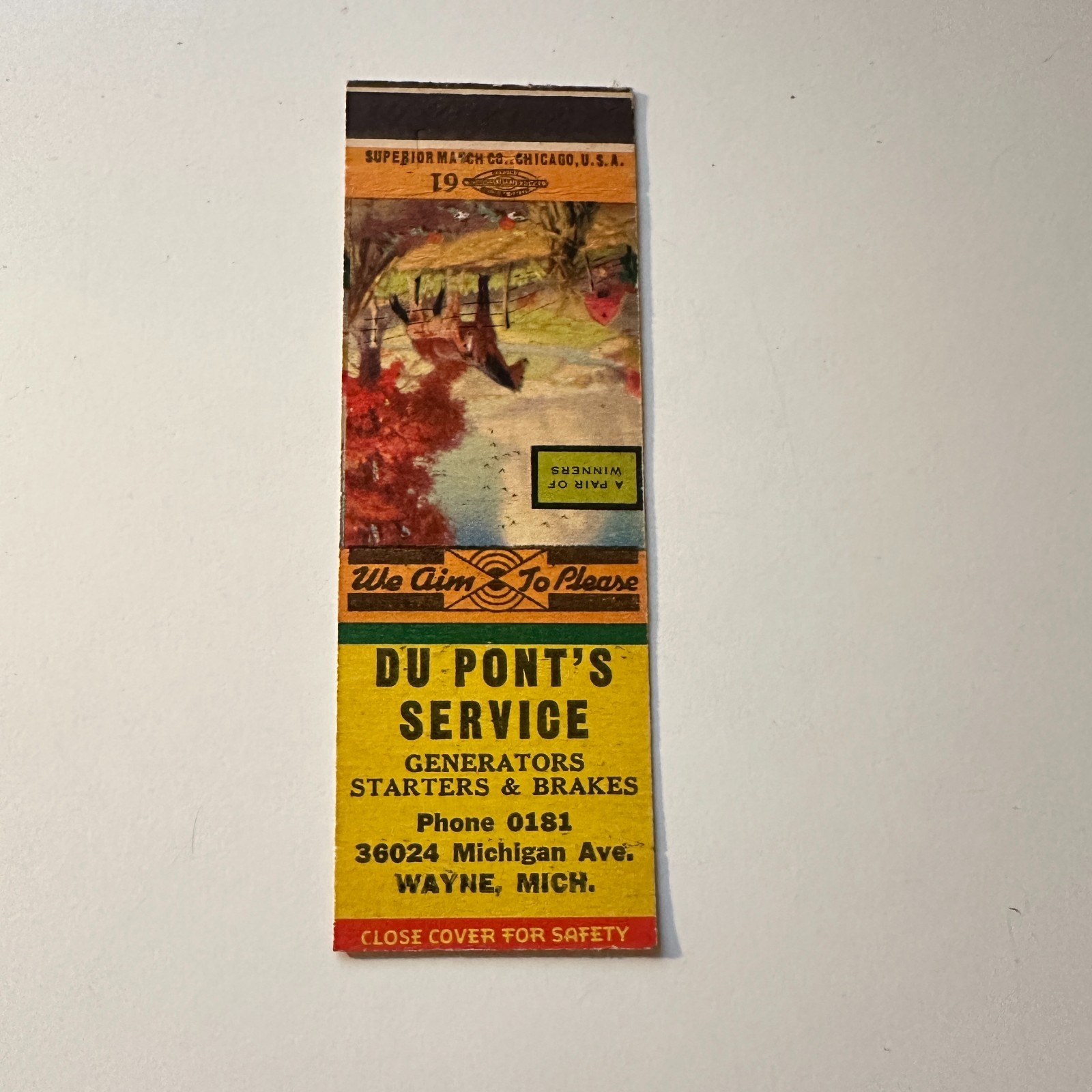Du Pont\'s Service Generators Brakes Wayne MI Vintage Matchbook Cover 5MB126-6-2