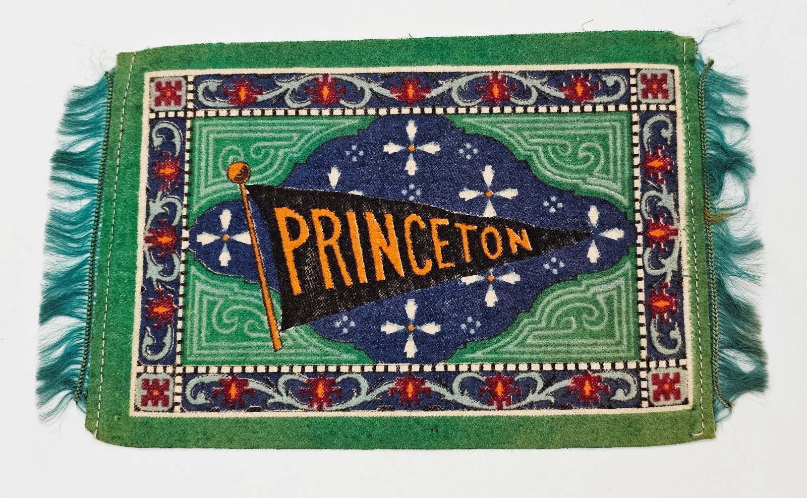 Princeton Univ Cigarette Tobacco Felt Carpet Rug 8-1/4” x 5” Vintage 1900s Green Princeton Univ Cigarette Tobacco Felt Carpet Rug 8-1/4” x 5” Vintage 1900s Green