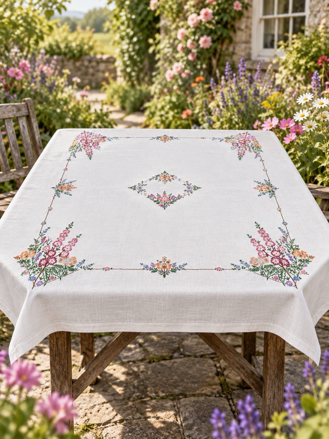 Vintage Hand Embroidered Tablecloth.    100cm Square (07)