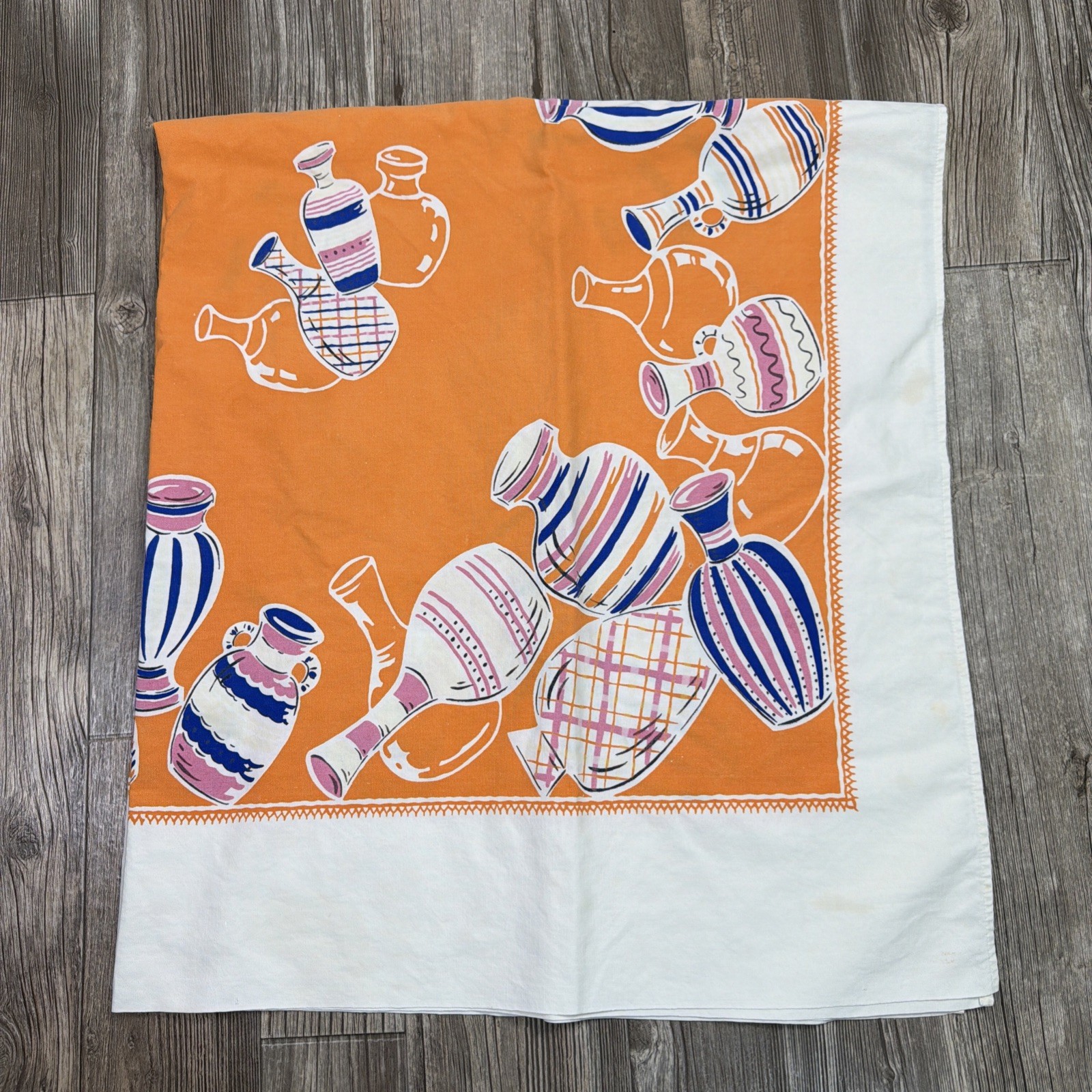 Vintage Cotton Tablecloth Southwest Orange CUTTER Retro/Mid Century 49x54