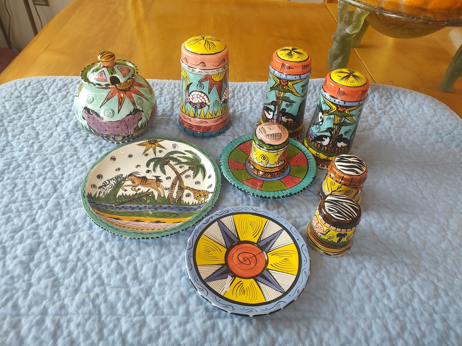 Vtg Penzo Zimbabwe  HandPainted Pottery LptJungle Scene.  10 Pieces 