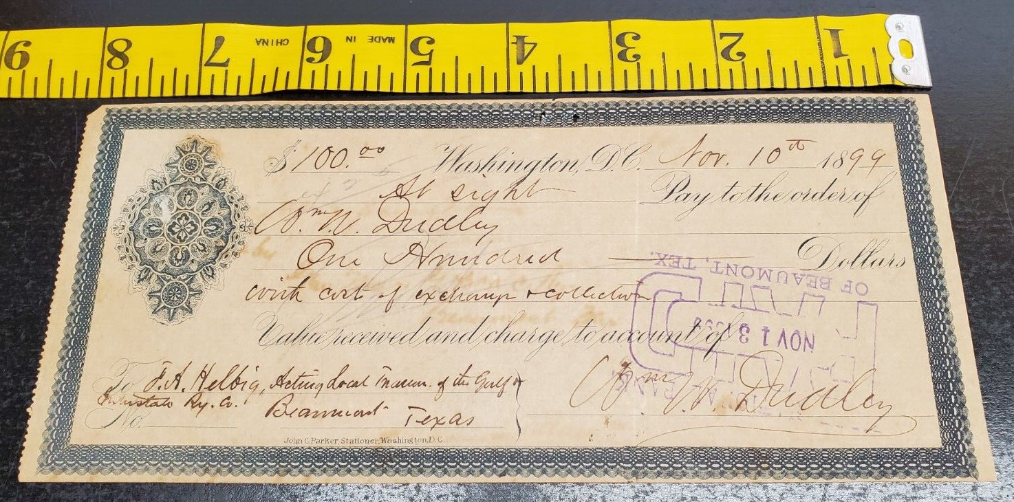 1899 Cancelled Check - Washington D.C. - Drawing