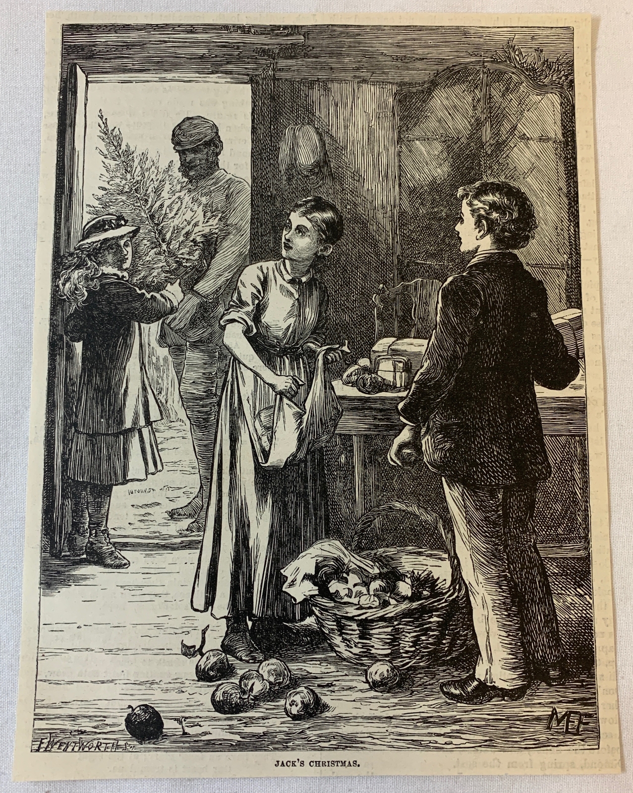 1887 magazine engraving~ JACK'S CHRISTMAS Bringing In The Christmas Tree