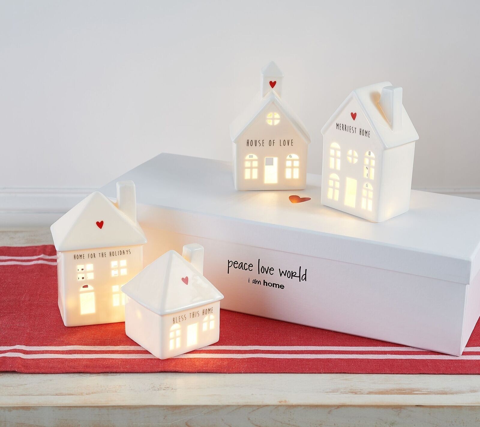 Peace Love World Set of 4 Ceramic Houses with Fairy Lights