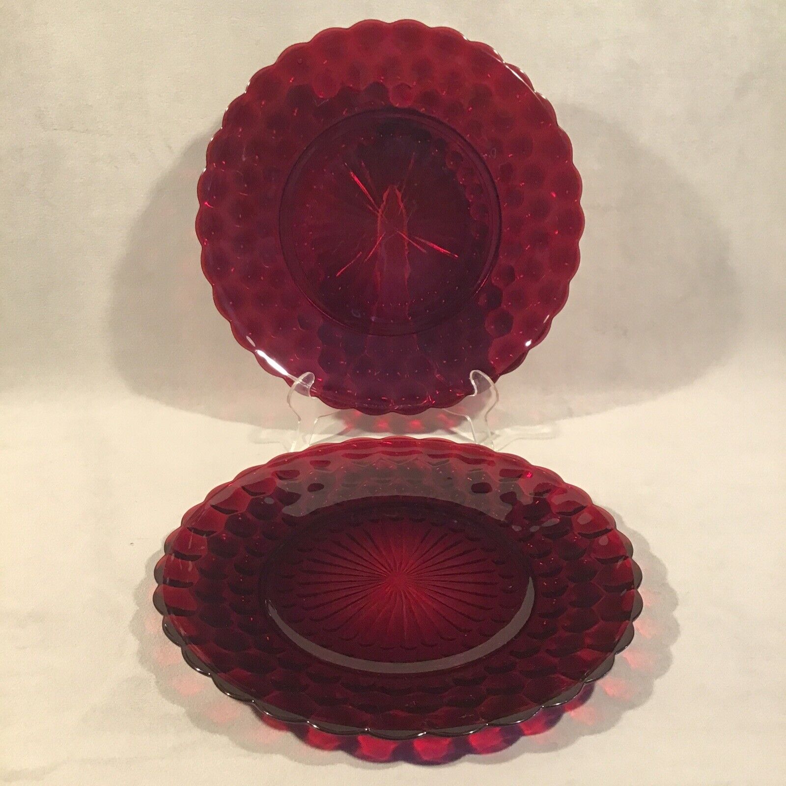 PV07958 Vintage Anchor Hocking Ruby BUBBLE Dinner Plate - 2pcs