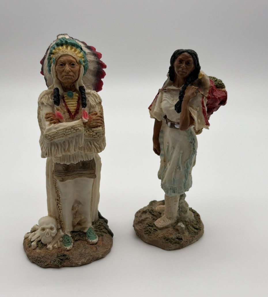 Set of 2 Native American Resin Figurines Hand Painted Chief & Woman Multicolor